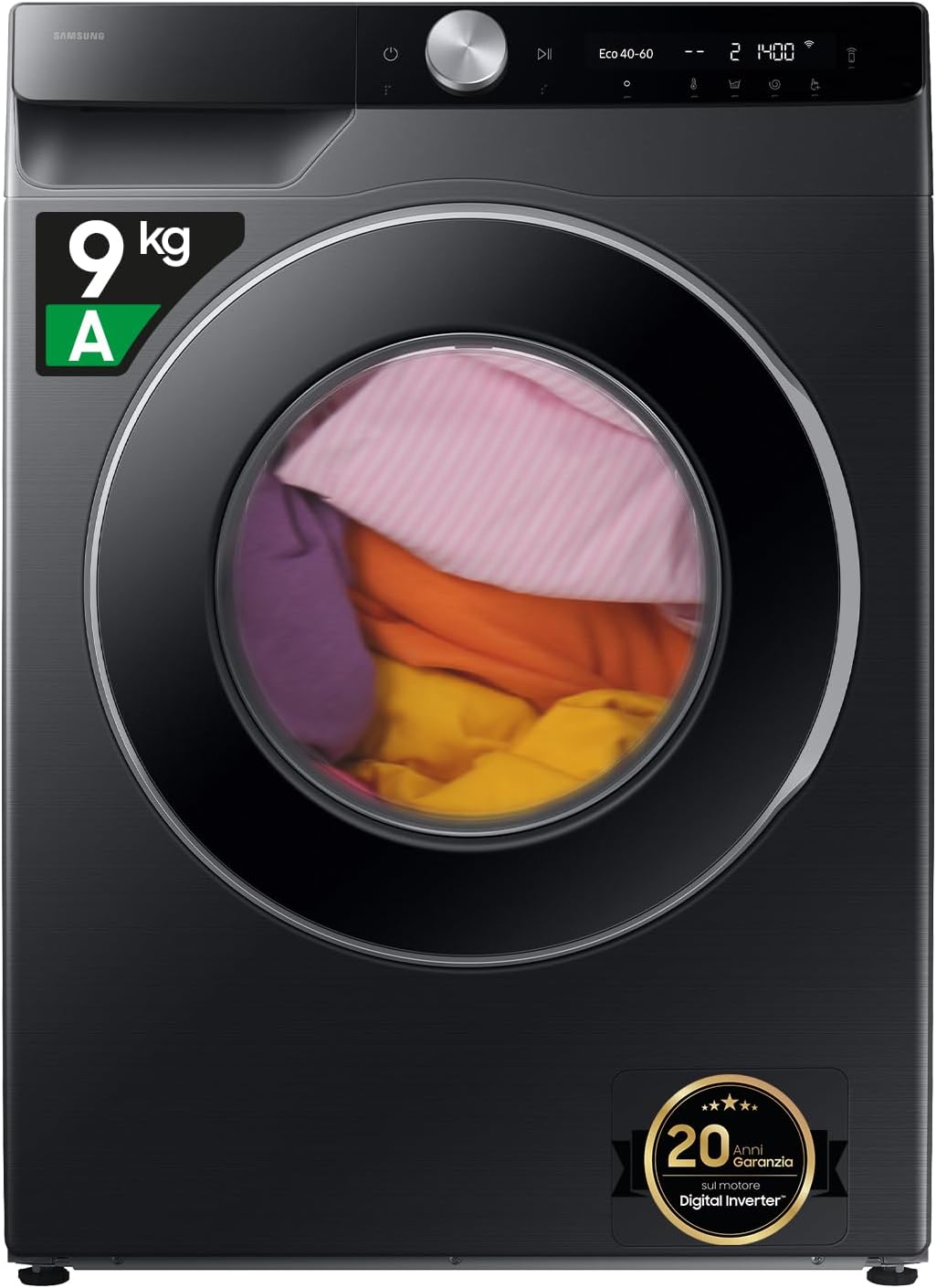 Samsung Lavatrice AI Control WW90DG6U85LB/U3 Libera installazione, 9 Kg, 1400 RPM, Wifi, Ecodosatore, Vapore, Carica Frontale, Corpo: Nero, Oblò: Nero, 60l x 85h x 60p cm, Normal