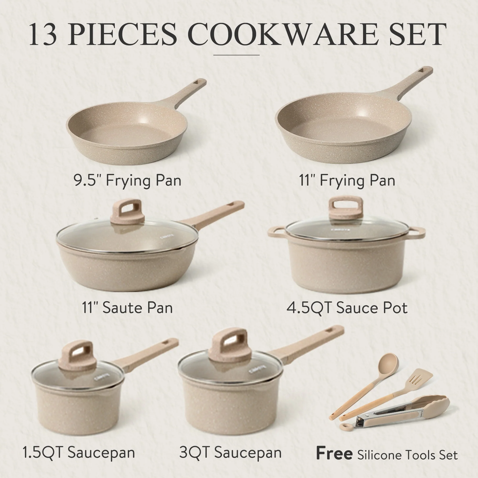 Carote 13 Pcs Nonstick Pots and Pans, Non Stick Cookware Set, Granite Cooking Pots, Taupe
