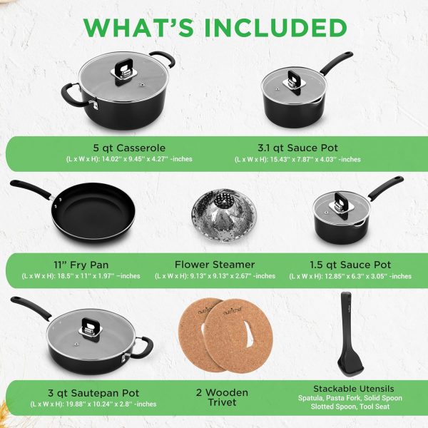 17pcs Stackable Pots and Pan, Stainless Steel Set Nonstick, Induction Cookware with Foldable Knob, Space Saving, Nylon Tools, Black, One Size