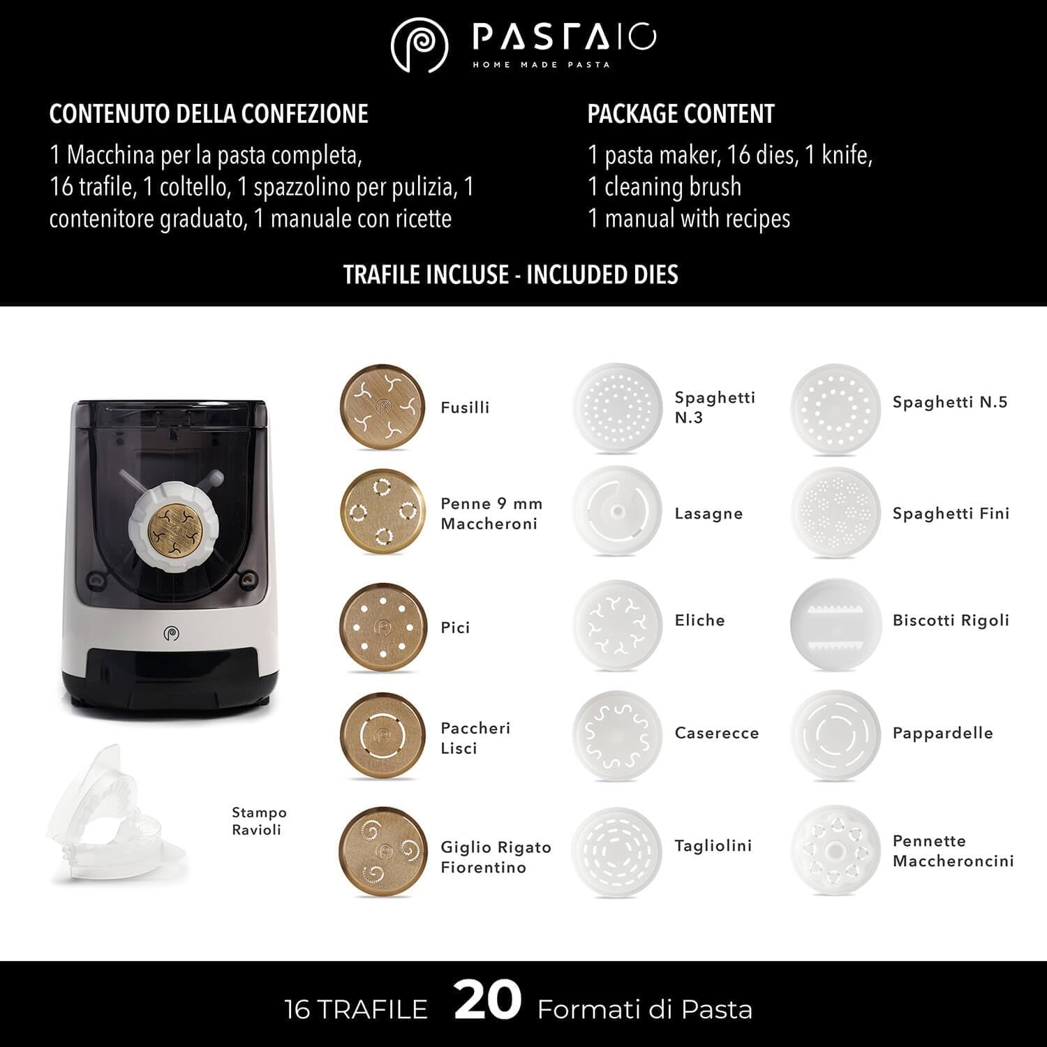 CLASSE ITALY PASTAIO Macchina per la Pasta con 16 trafile di cui 5 in Bronzo. 5 ANNI GARANZIA ITALIA, Pasta Maker, con bilancia, fino a 800g di pasta, 25 tipi diversi di pasta