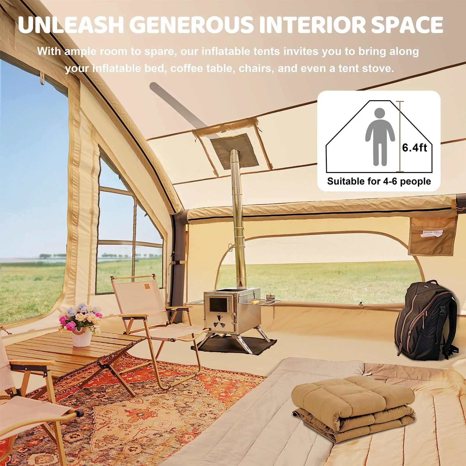 Tenda da campeggio gonfiabile per 6 persone con pompa, tenda familiare Glamping di 10 piedi x 7 piedi Facile installazione 4 stagioni impermeabile antivento all'aperto Blow Up Tent Cabina Oxford di lusso con finestre e porte a rete