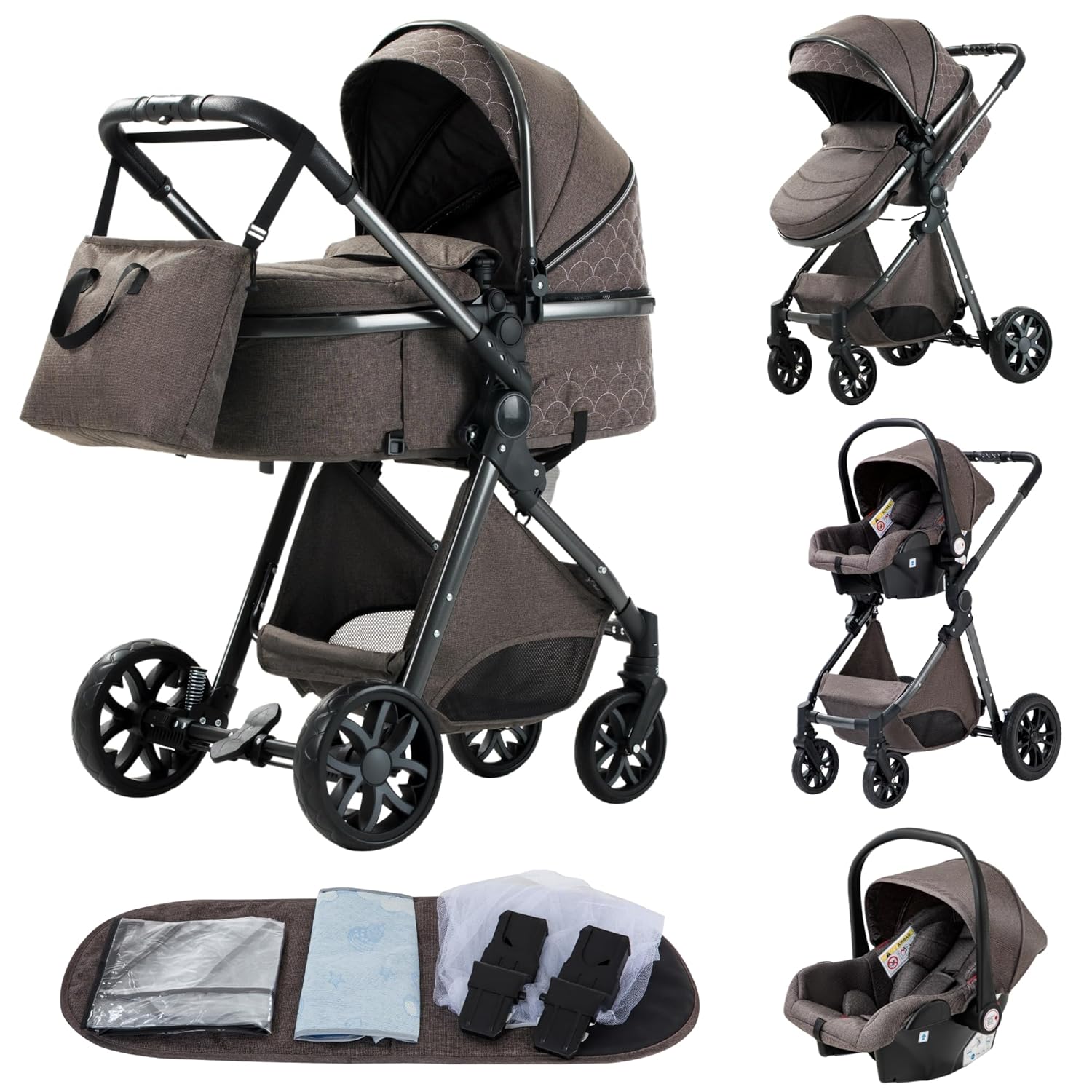 YAZOCO kinderwagen 3 in 1 Buggy Babybett Komplett Set Einem Klick Zusammenklappbarer Kinderwagen, KombiKinderwagen Aluminiumrahmen für Neugeborene Sitzzubehör (1 schwarz)