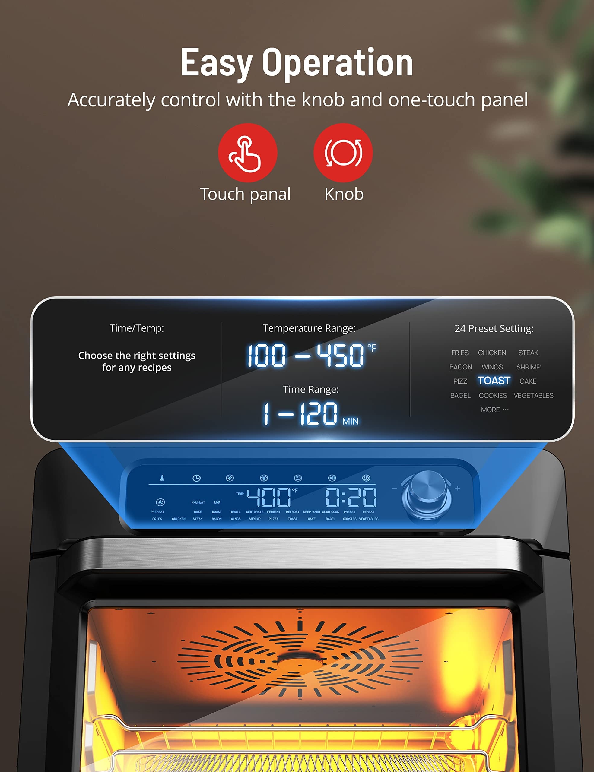 TaoTronics Air Fryer, 26 QT Extra Large Capacity Toaster Oven 24 in 1 Combo, 1700W, Stainless Steel