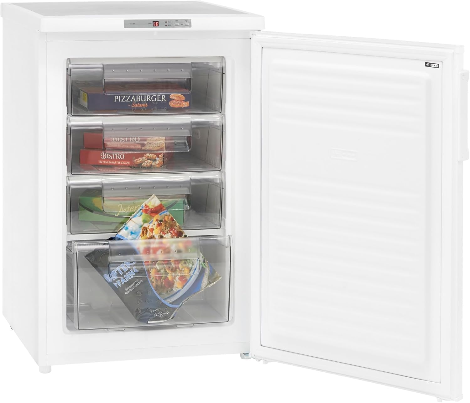 Exquisit® Congelador Table Top, 91L, Clase E, Color Blanco, 4 Compartimentos, Cajón XL para Alimentos Grandes, Altura Regulable, Ruedas Traseras, Consumo 166 kWh/año, Medidas 88,5x55x57,5 Cm.