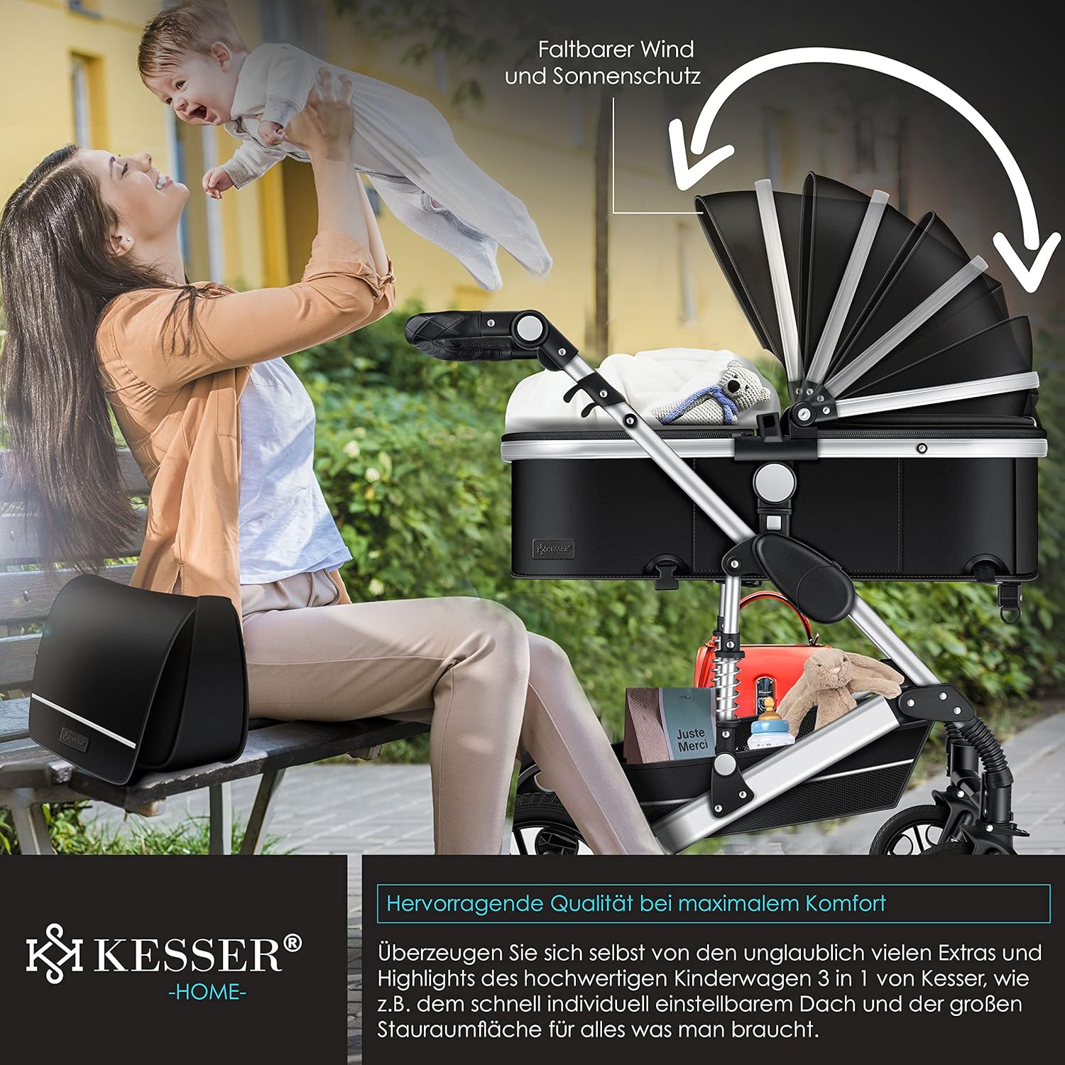 KESSER® Loops 3 in 1 Kinderwagen Kombikinderwagen Komplett-Set inkl. Babywanne & Buggy Sportsitz & Auto-Babyschale Voll-Gummireifen Wickeltasche Regenschutz Kindertisch ECE R129, Grau/Silber