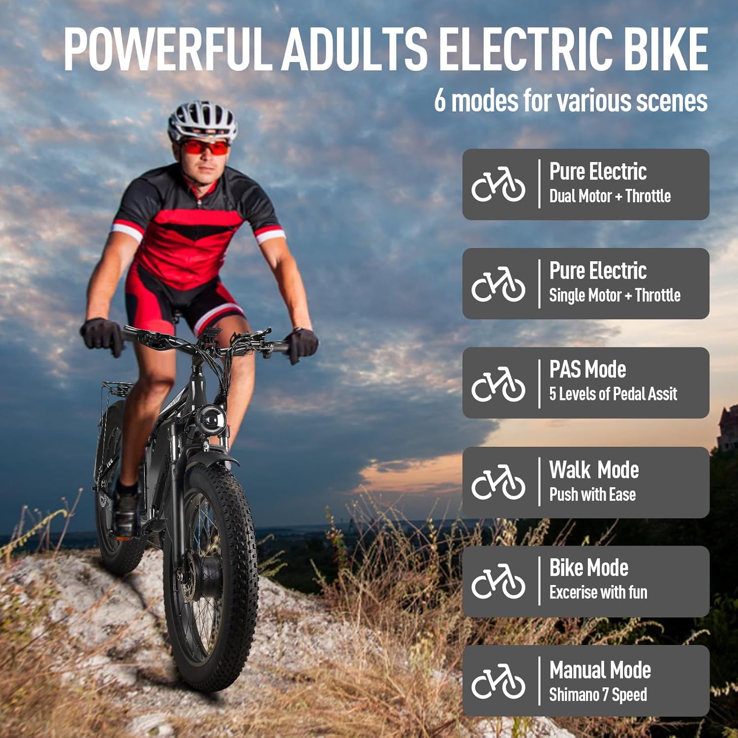 Peak 3000W Fat Tire Dual Motor Ebike 52V 23Ah Battery,26 x 4 Electric Mountain Bicycle for Adults Men 38MPH Full Lockbale Suspension Ebike 90 Miles Range 7 Speed Hydraulic Disc Brake（US Warehouse)
