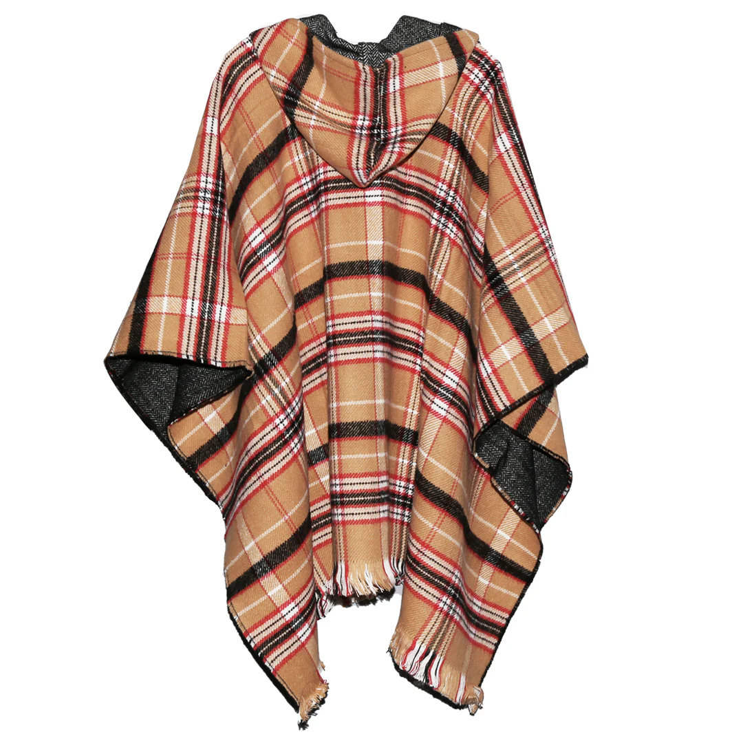 Tartan Poncho with Hood - Camel