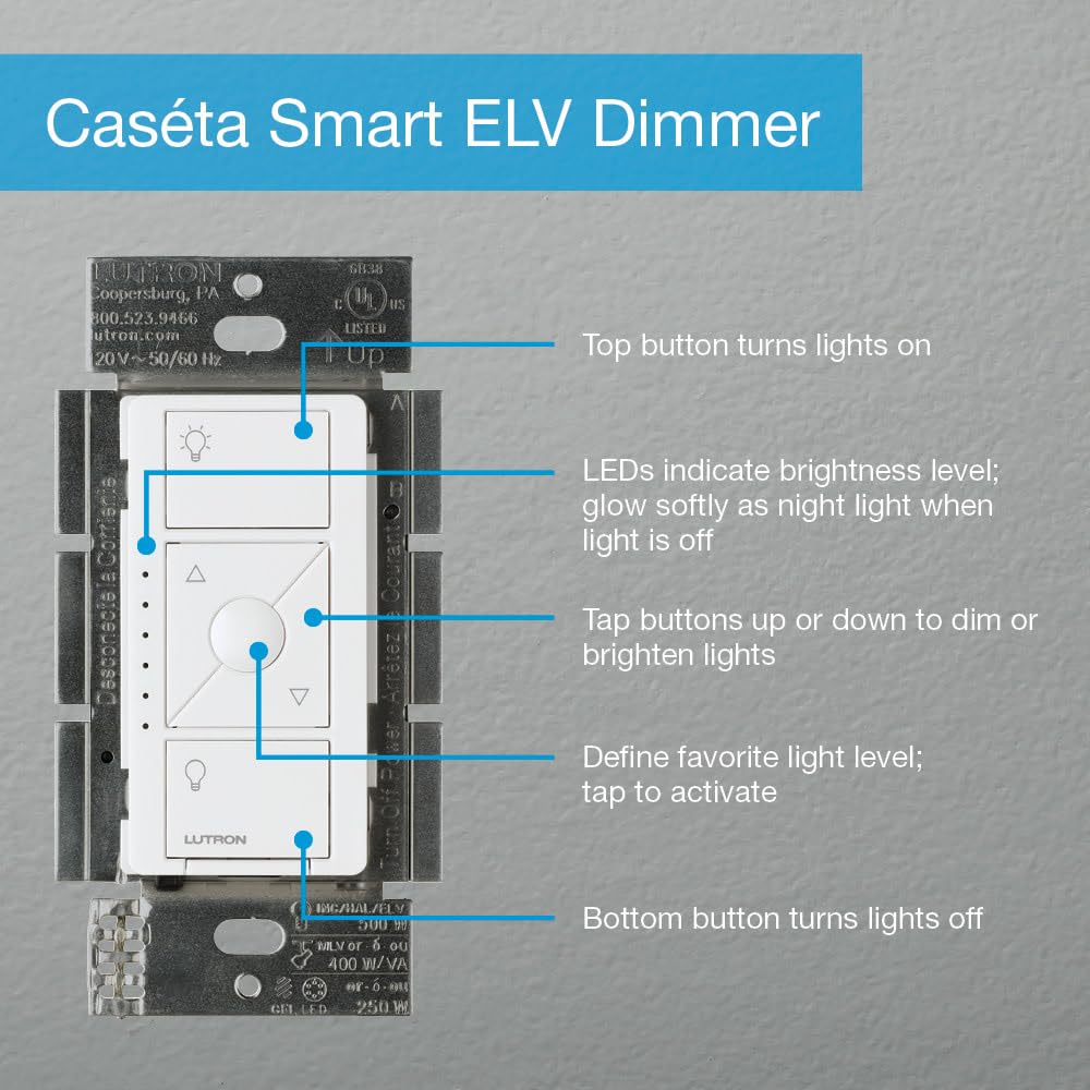 Lutron Caseta ELV+ Smart Dimmer Switch, 250W LED, Alexa Compatible, White, 2-Pack