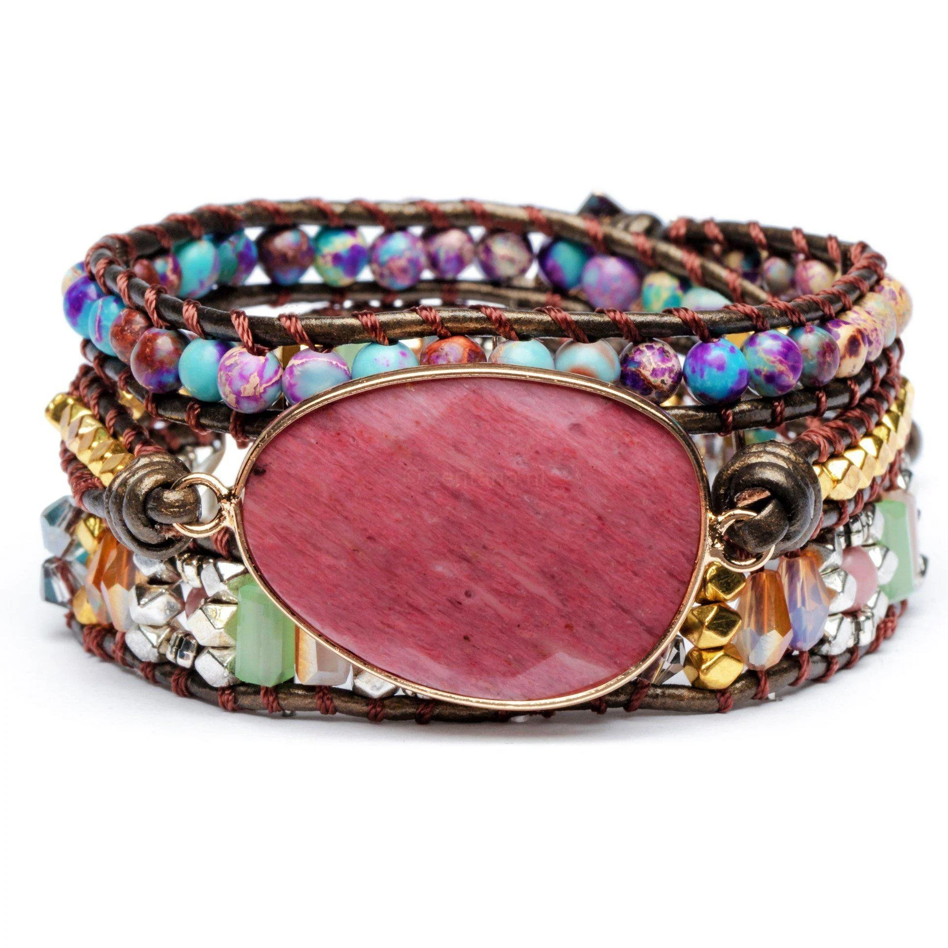 Wikkelarmband Balans - Rhodoniet & Jaspis - Leer - Zelfliefde