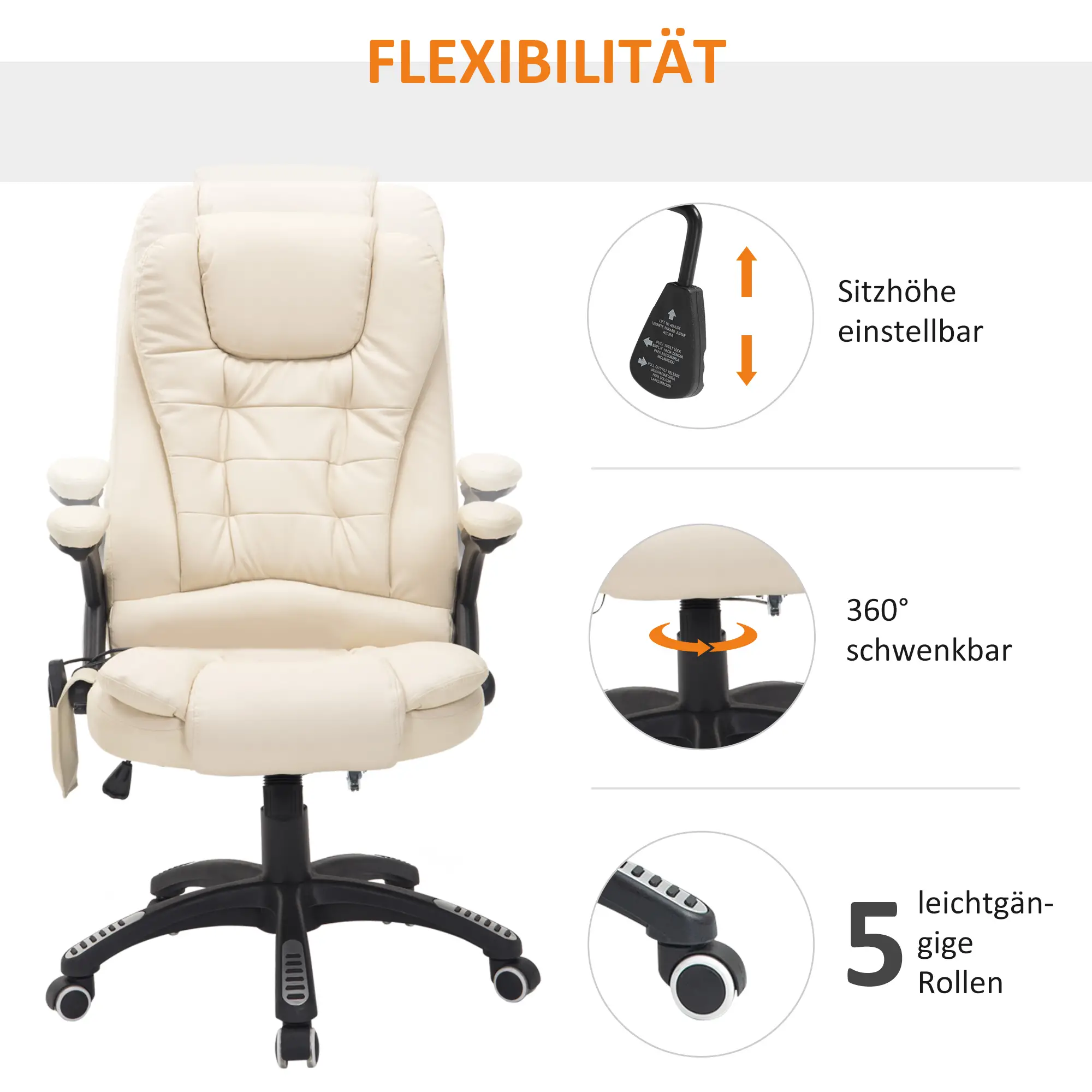 HOMCOM Bureaustoel Directiestoel Massagefunctie in hoogte verstelbaar cr��mewit