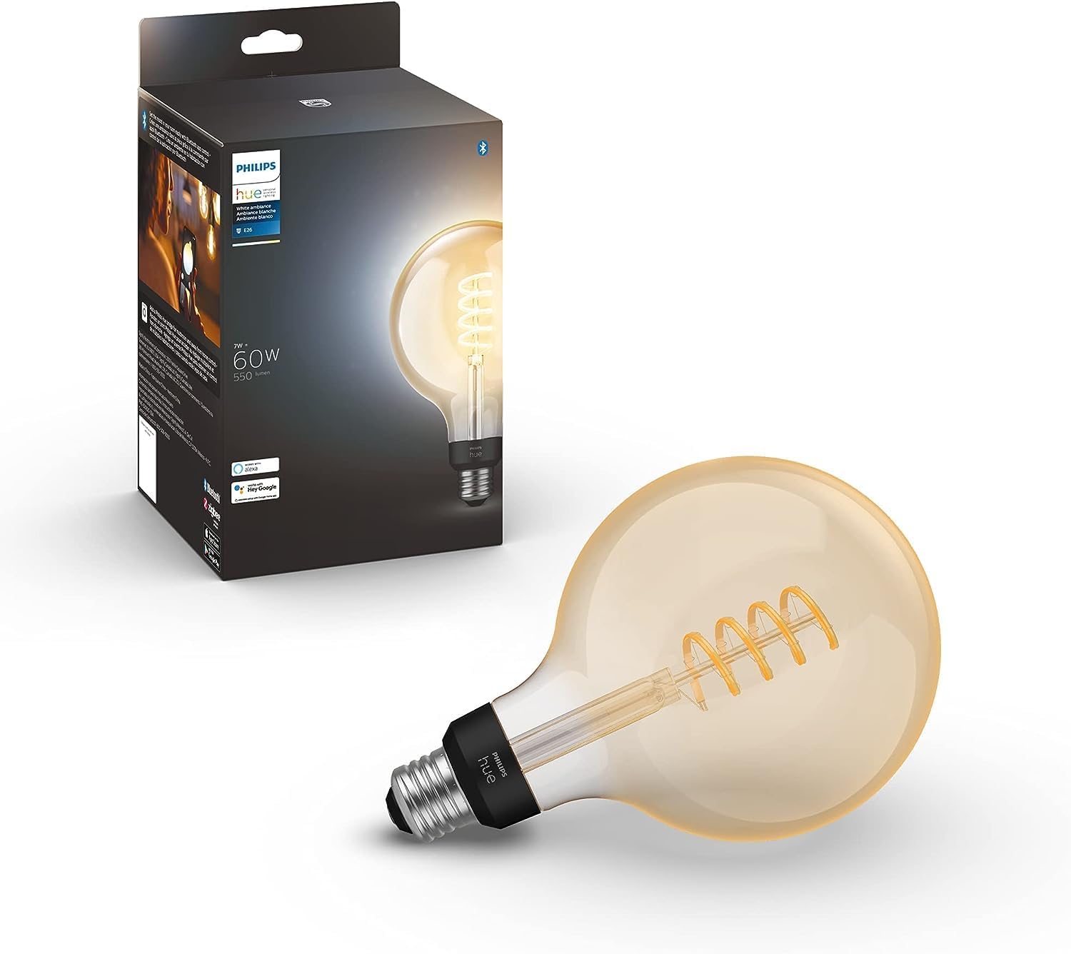 Philips Hue White Ambiance G40 LED Bulb 4-Pack, 550LM, E26, Smart Home Compatible with Alexa & Google Assistant