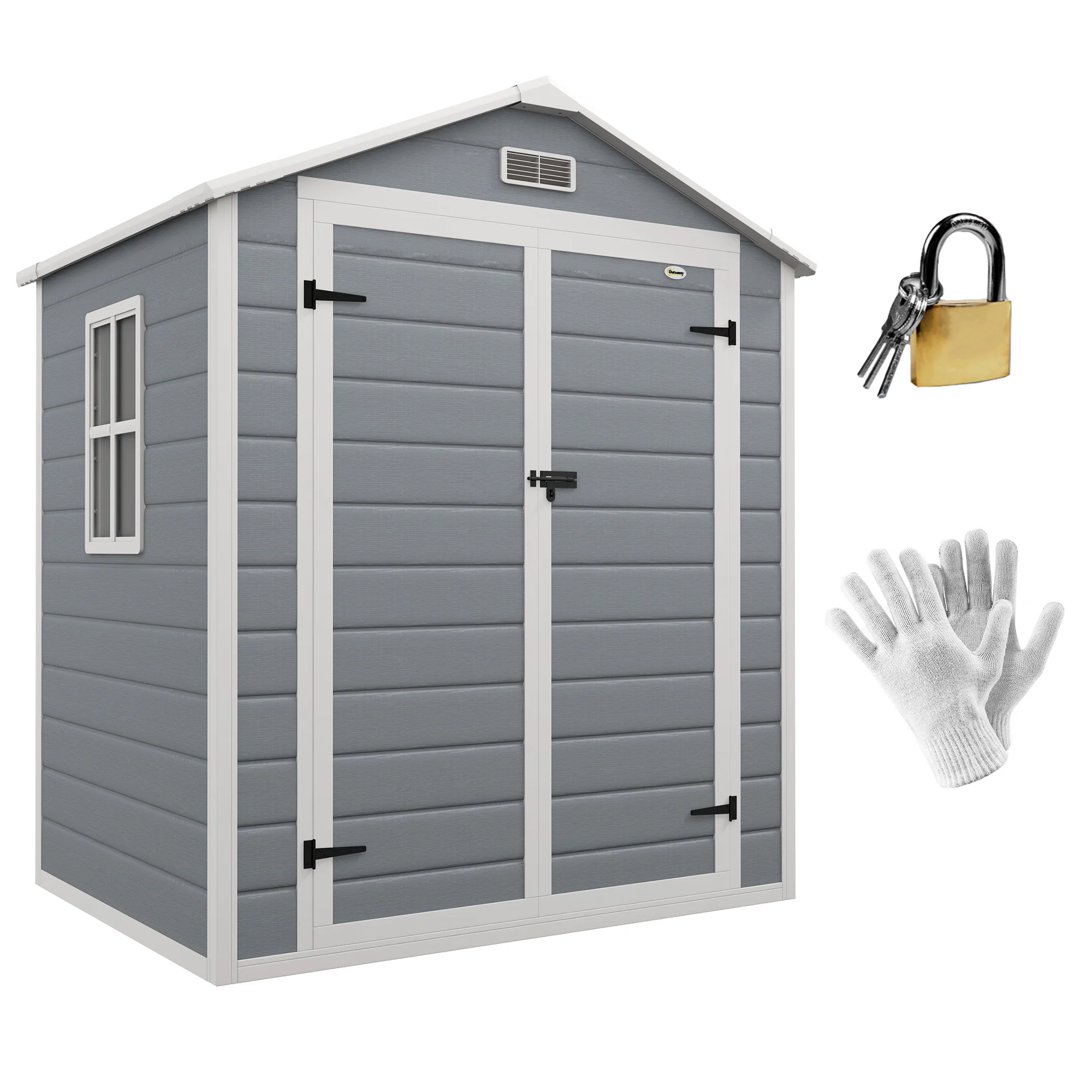 Outsunny Metalen Tuinschuur, afsluitbaar, Dubbele Deur, Raam, Aluminiumframe, 1,80 x 1,30 x 2,10 m, Grijs