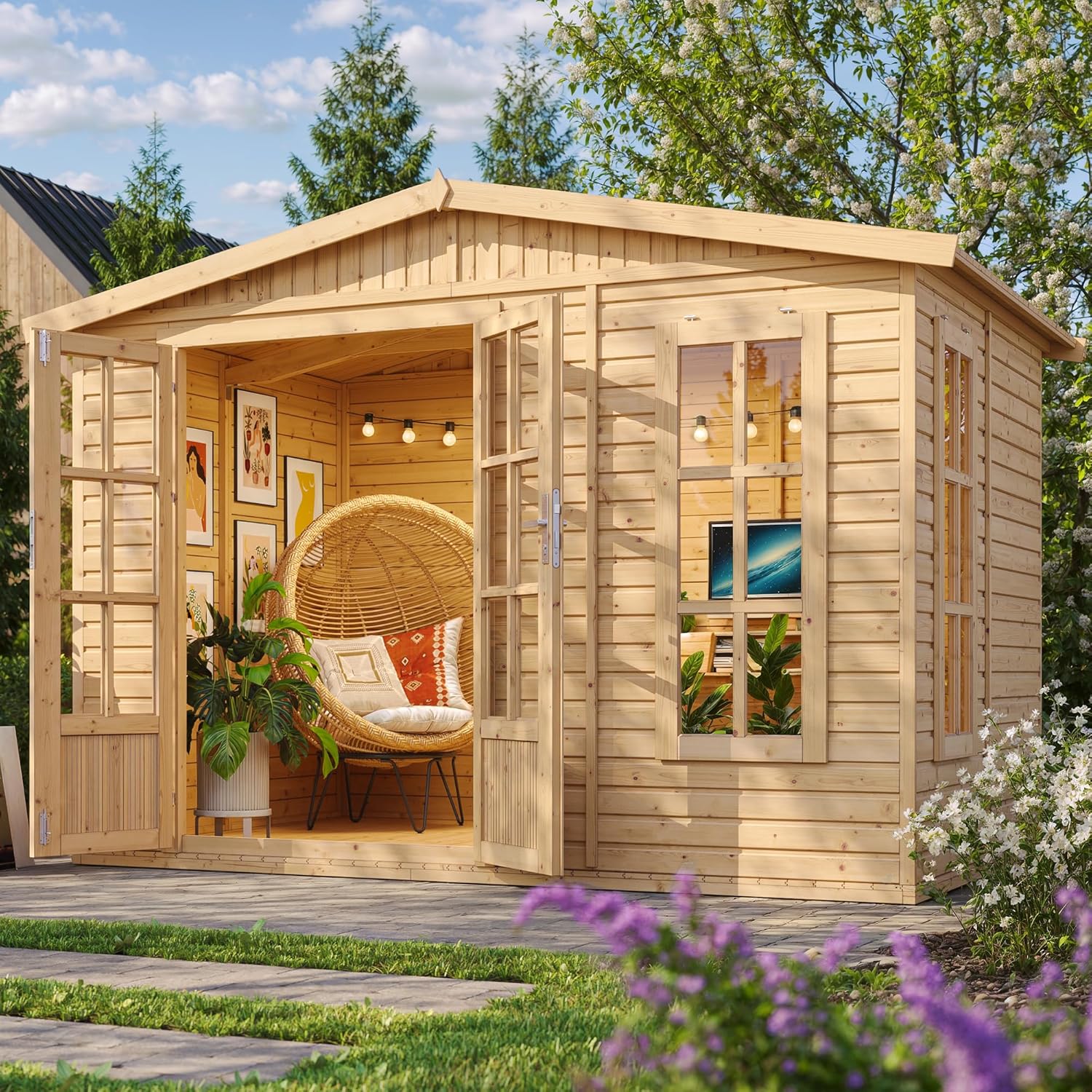 Caseta de jardín de Madera de 6 m2 - Cobertizo Jardin Exterior con Suelo, Ventana, Puerta Doble - Cabaña de jardín para Trabajar en casa - sin Tejas bituminosas - TIMBELA M334FB