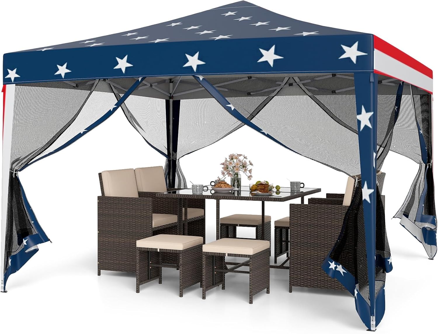Goplus 10 FT x 10 FT Pop-Up Canopy Tent, Easy Setup Instant Folding Shelter w/Mesh Netting, Carry Bag, 8 Stakes & 4 Ropes, Height Adjustable Sunshade, Commercial Tent for Camping (Coffee)