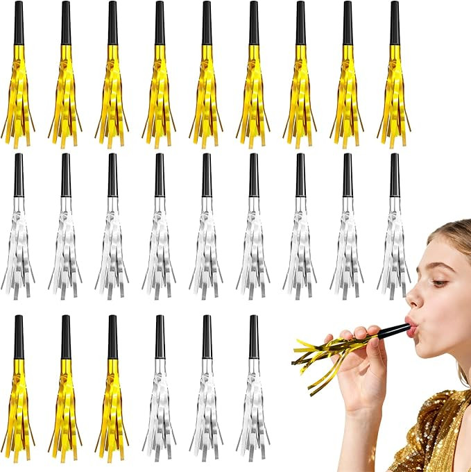 24 Pack Gold and Silver Noise Makers | Elegant Glitter & Metallic Fringed Party Blowers for Adult Events �C Birthday, Graduation, Sports & New Year��s Favors
