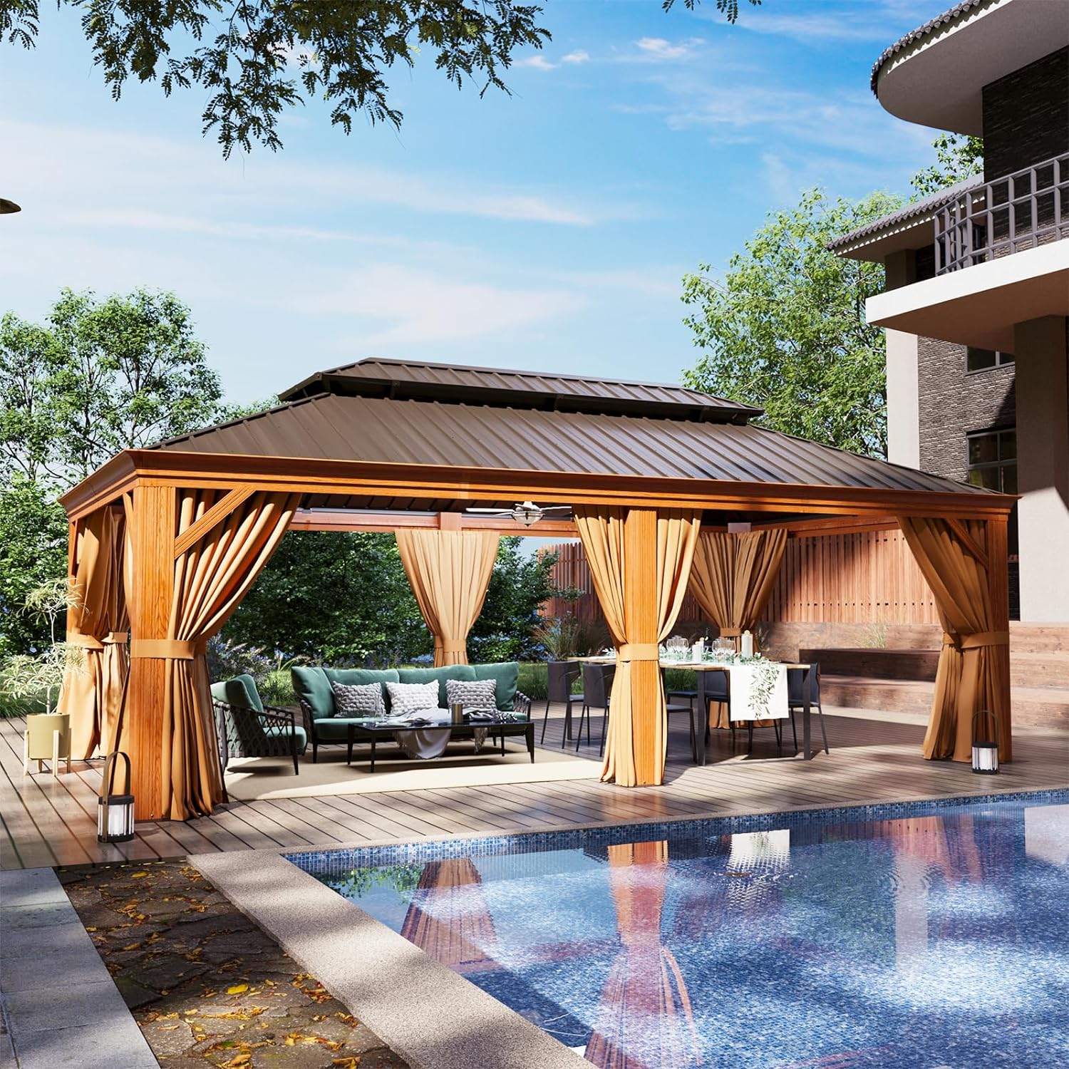 Wood Grain Hardtop Gazebo with Rain Gutter