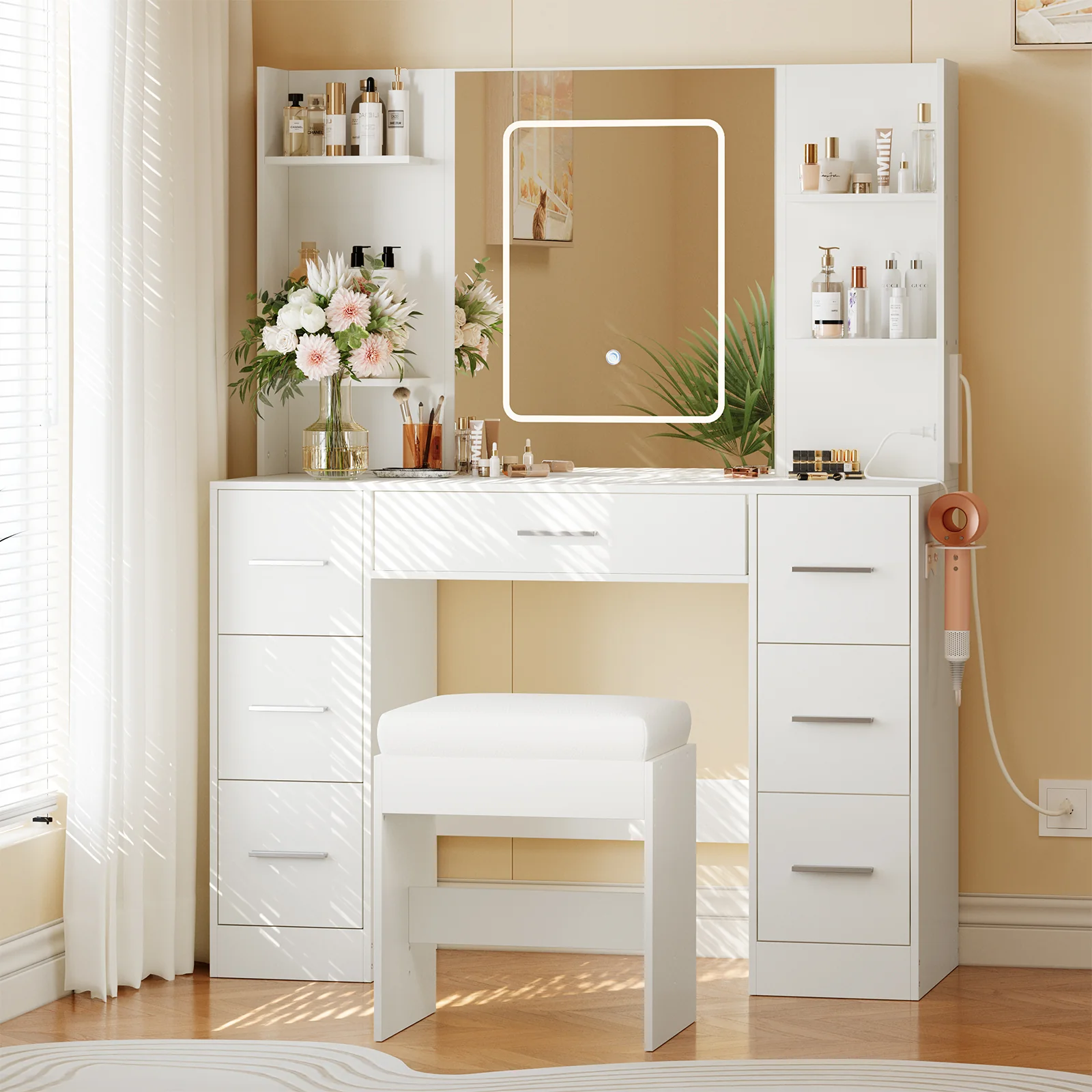 Garvee 43.3'' Vanity Desk Stool Set, Modern Makeup Table with Lighted Mirror, Power Outlet, 7 Drawers, 4 Open Shelves, White