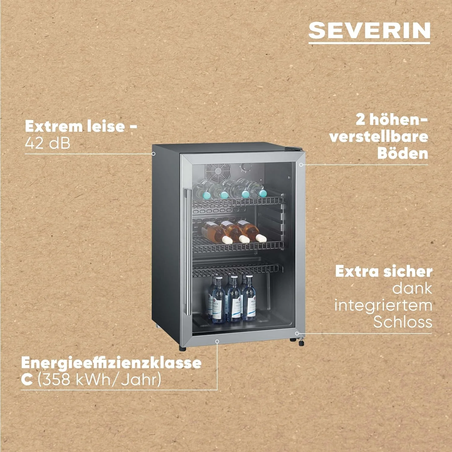 SEVERIN Flaschenkühlschrank, mit integriertem Schloss und integrierter LED-Beleuchtung, 118 L Nutzinhalt, schwarz/silber, FSK 8840