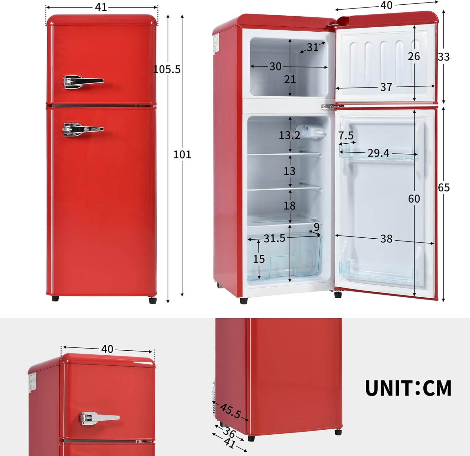 DRIXNO Retro-Kühlschrank. Kühl-Gefrier-Kombination, 105.5 cm hoch, 41 cm breit, zweitürig, mit 92 Liter Gesamtvolumen, 28 Liter Gefriervolumen. Türregale und Glasregale. 181 kWh/Jahr,