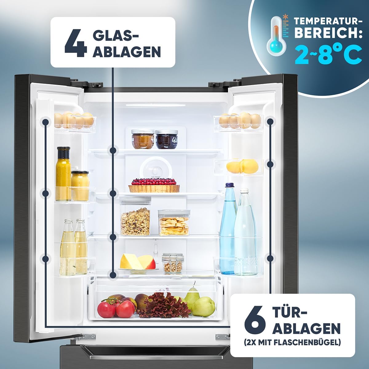 Bomann® Kühlschrank mit Gefrierfach | No-Frost Gefrierteil | 186cm Kühlschrank | 39dB | Kühl Gefrierkombination mit MultiAirflow | 320L | Kühl Gefrierkombination No-Frost | KG 7361 schwarz-inox