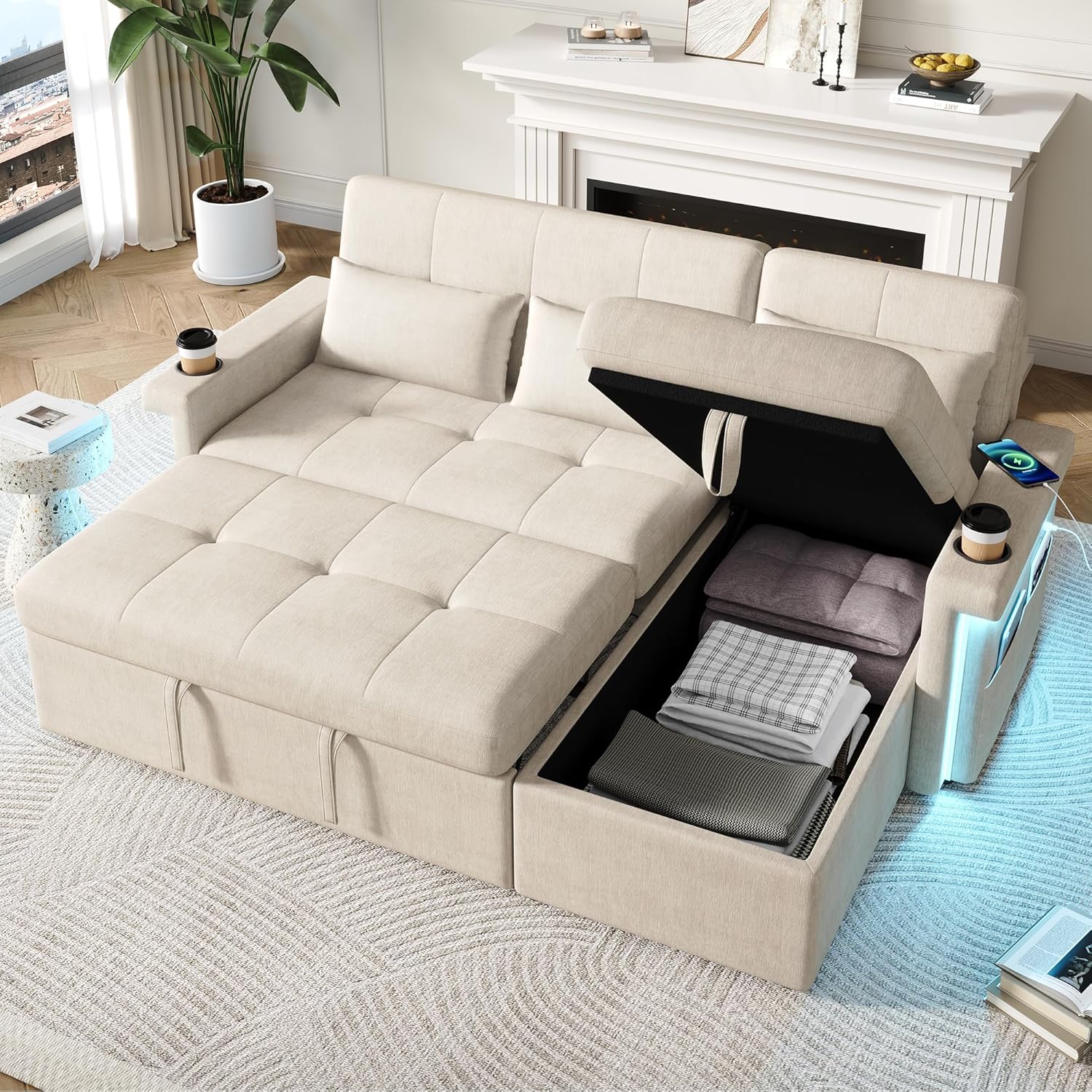 ladez Sofá Cama esquinero en Forma de L con función de Dormir con LED y Conexiones USB, Respaldo Ajustable, sofá esquinero de 3 plazas con Espacio de Almacenamiento, Chaise Longue para salón