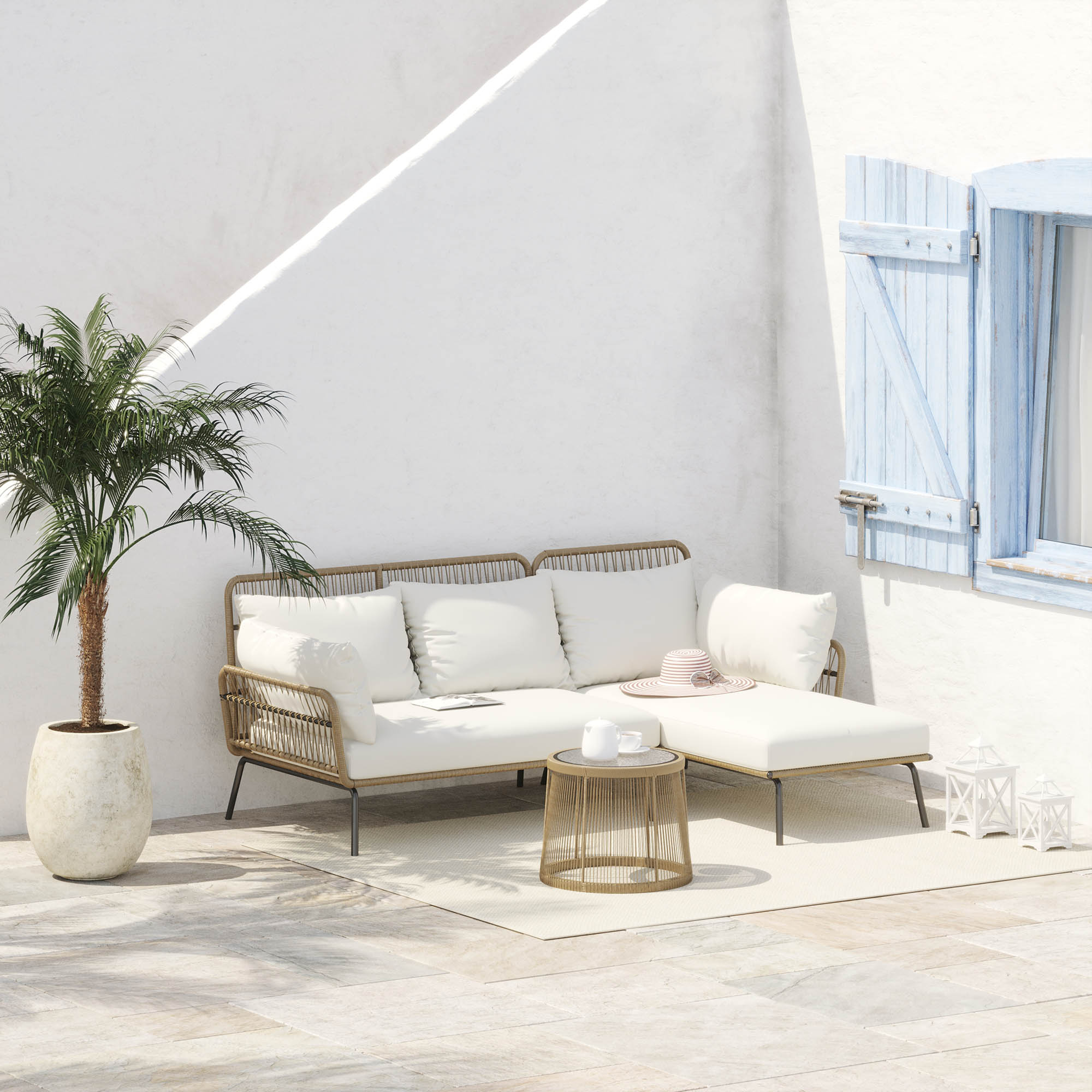 Outsunny Buitenbank L-vormige Rattan Bank Zwembad Tuin Koffie En Crème