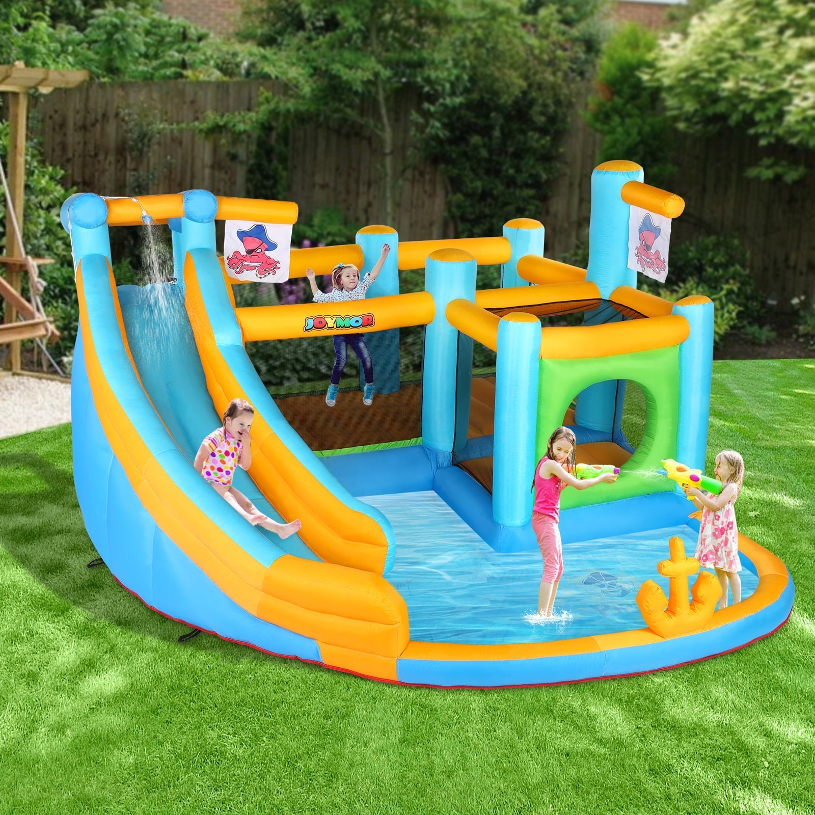 2025 Parque Inflable Acuático JOYMOR con Tema Pirata – Castillos Hinchables con Cañón de Agua, Piscina Splash y Resbaladilla para Niños