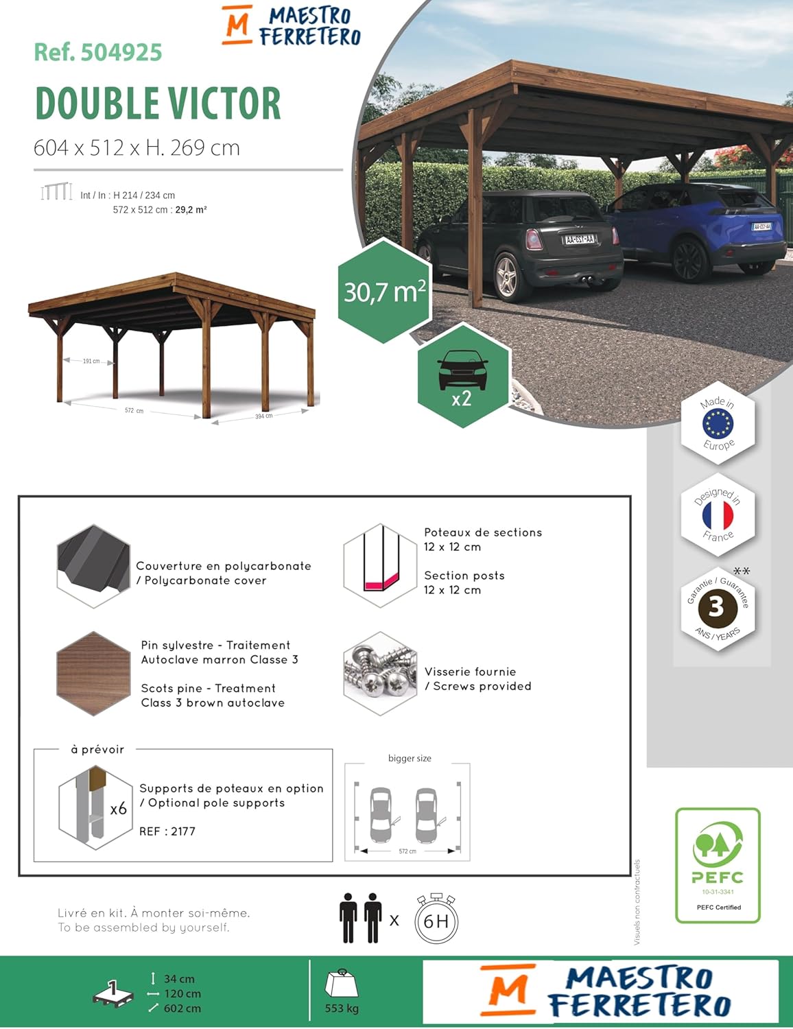 Forest Style Double Victor Carport 31 m² (6.05 x 5.12 x 2.54 m) – Treated Pine Wood – Polycarbonate Roof – Covered Parking for 2 Cars – Robust and Sturdy Structure