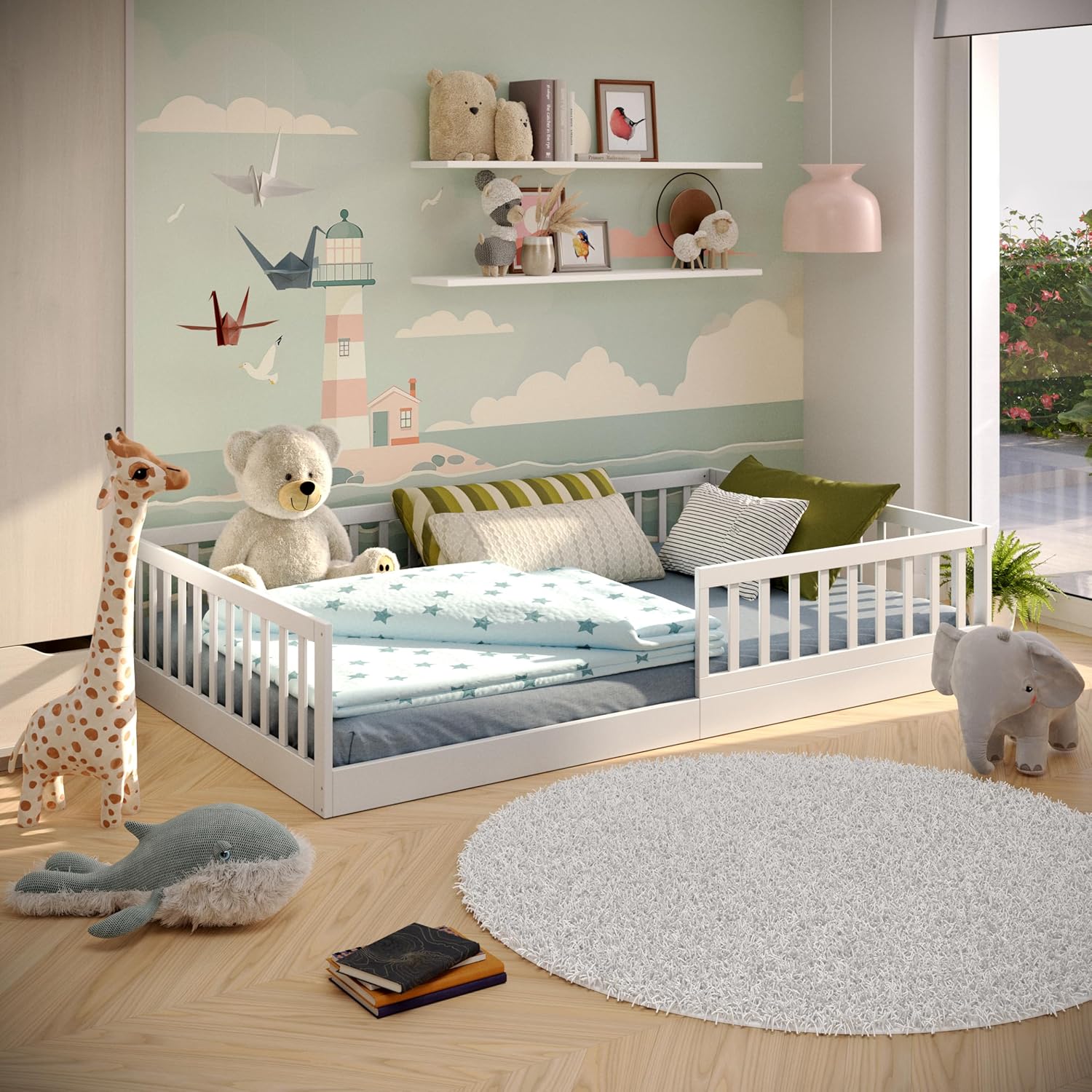 CADANI Timi 2in1 Bodenbett 140x200 cm Montessori Kinderbett mit abnehmbaren Rausfallschutz inkl. Lattenrost, Kiefer Massivholz, weiß - 3 Aufbauvarianten, bis 200 kg belastbar, umbaubar