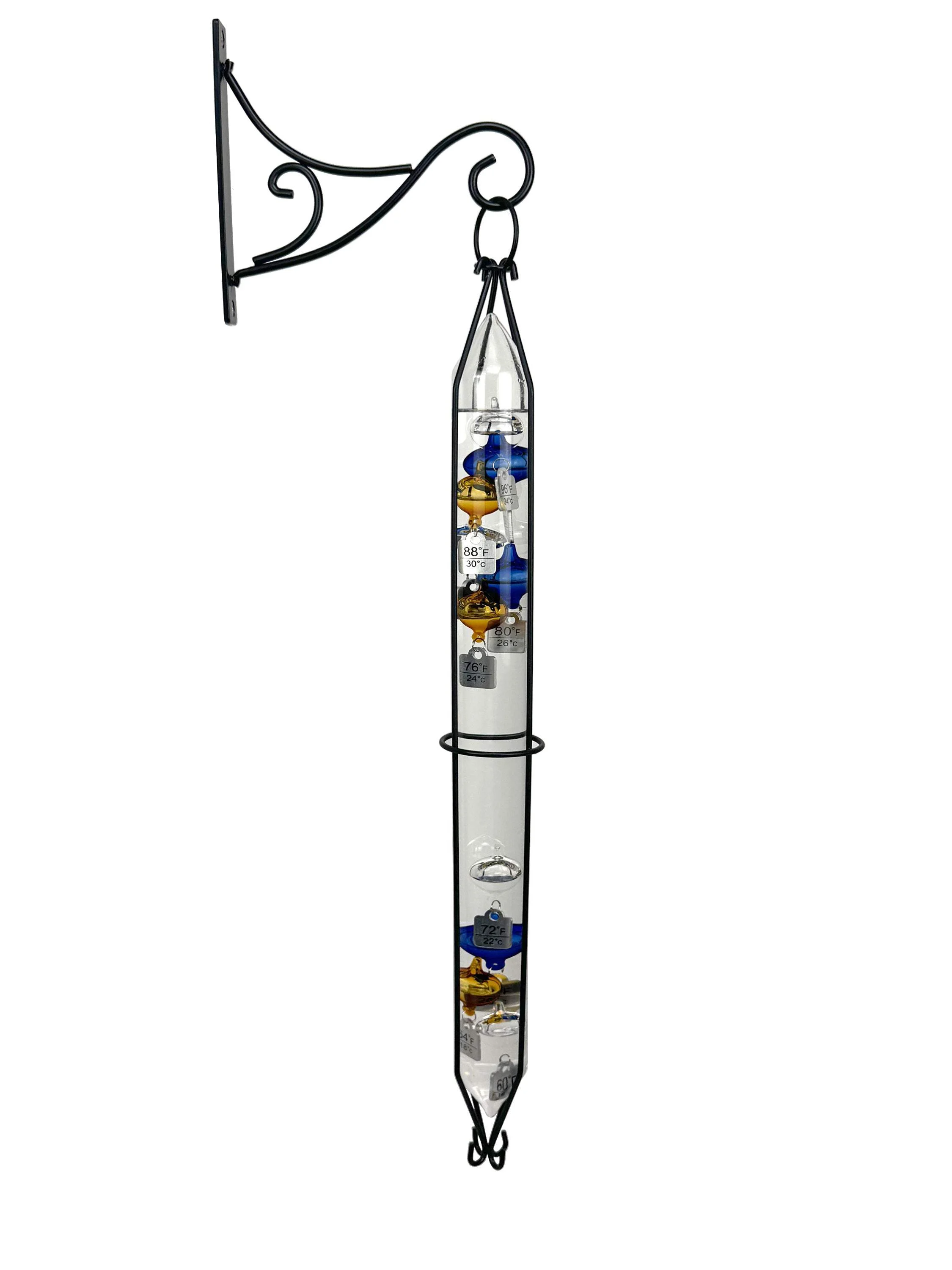 Glassic Gifts Outdoor Hanging Galileo Thermometer, Colored Glass Orbs with Free Bracket