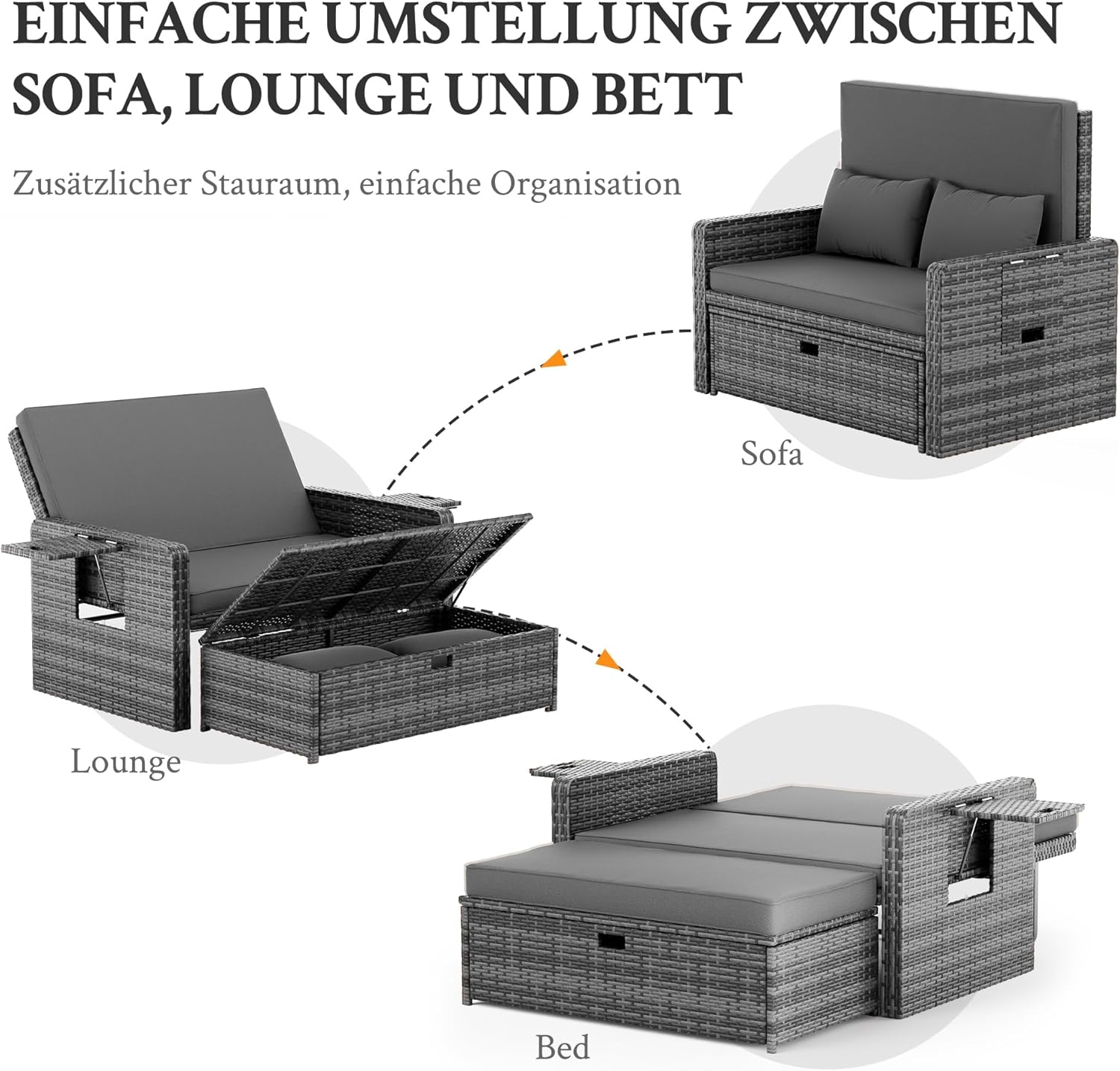Amopatio Rattan Gartenlounge Outdoor Set, 2-Sitzer Gartensofa mit Verstellbarer Rückenlehne und Stauraum, Wetterfestes Lounge Möbel für Balkon und Terrasse, mit Hocker und Kissen, Grey