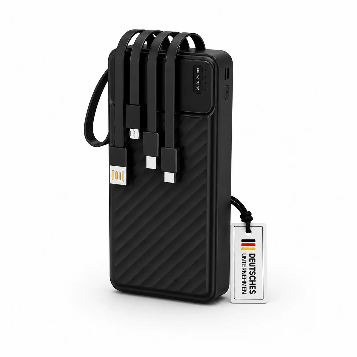 Powerbank 20.000 mAh mit integriertem USB-C-, USB-A & Lightning-Kabel Externer Akku mit Schnellladefunktion