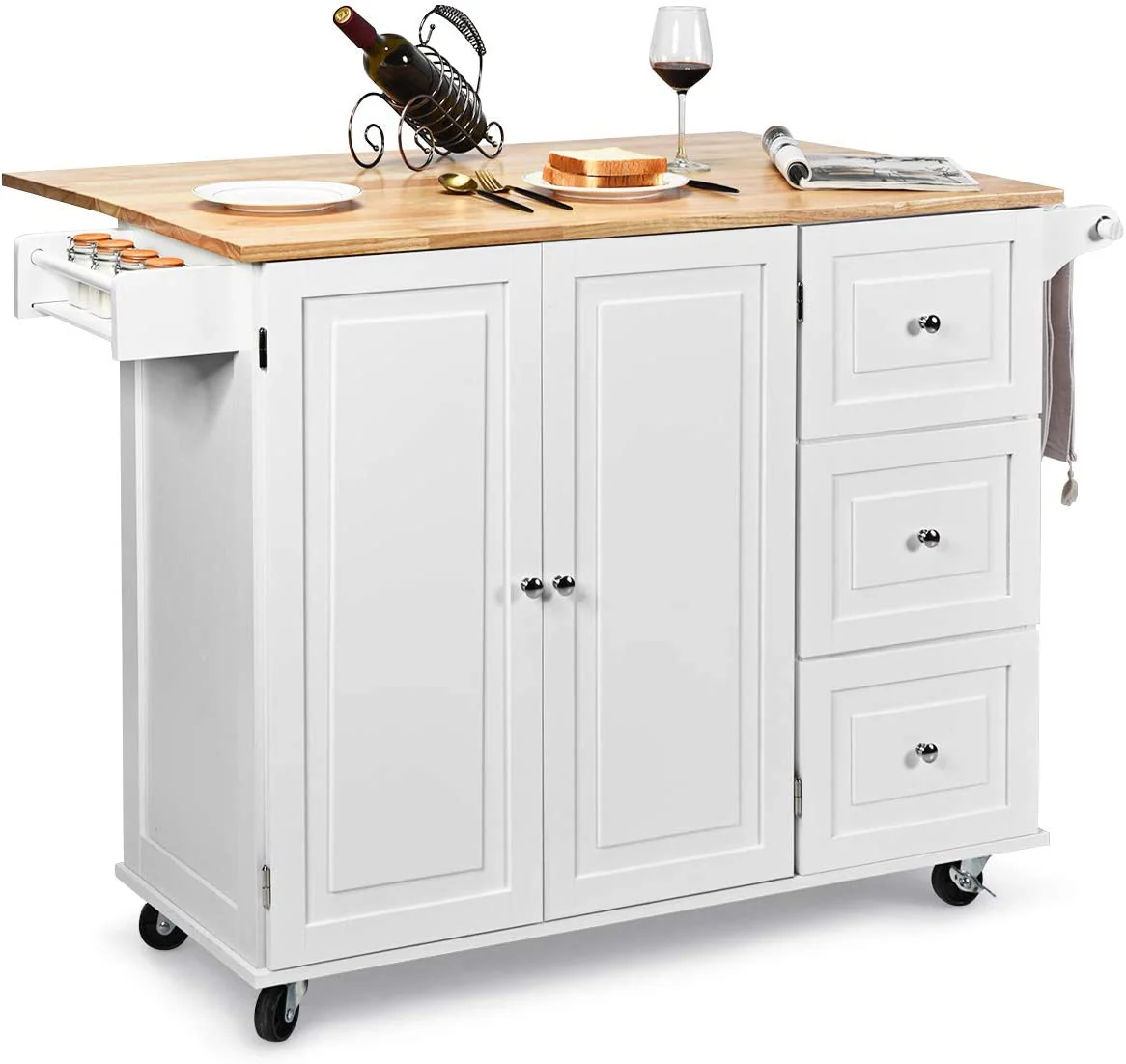 Giantex Kitchen Island Cart, Large Trolley Cart w/ Drop-Leaf Tabletop, Large Cabinet, 3 Drawers, Spice Rack, Towel Rack, Rolling Serving Trolley Cabinet