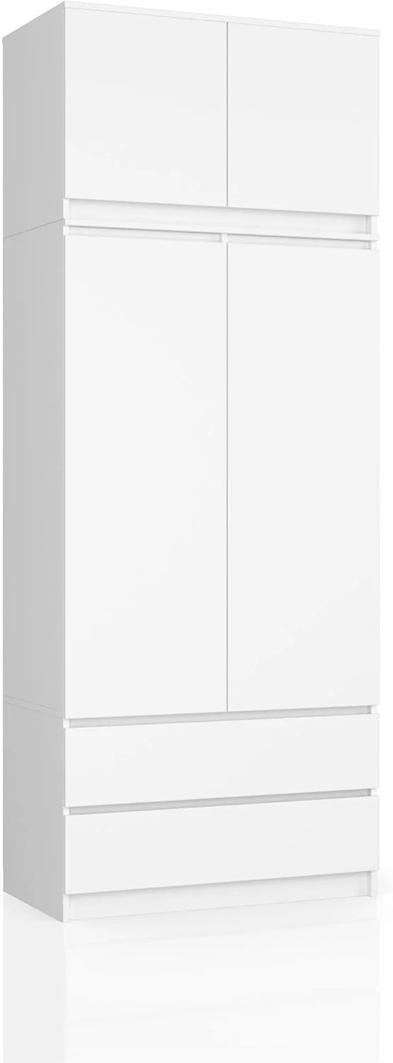 Armario BDW con 4 puertas, 4 estantes, barra para colgar ropa y 2 cajones – Armario de almacenamiento – Armario moderno para dormitorio, salón o recibidor – 234 x 90 x 51 cm – Blanco 2026