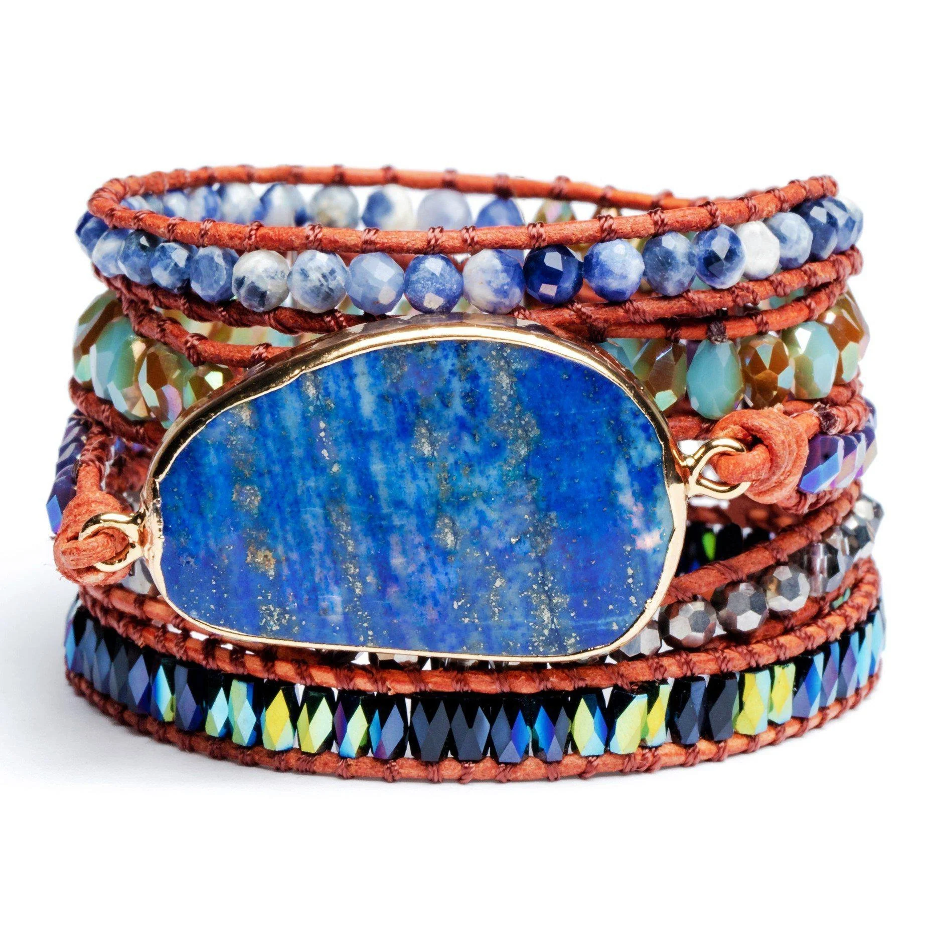 Wikkelarmband Leer - Lapis Lazuli & Sodaliet - Grof Geslepen - Wijsheid