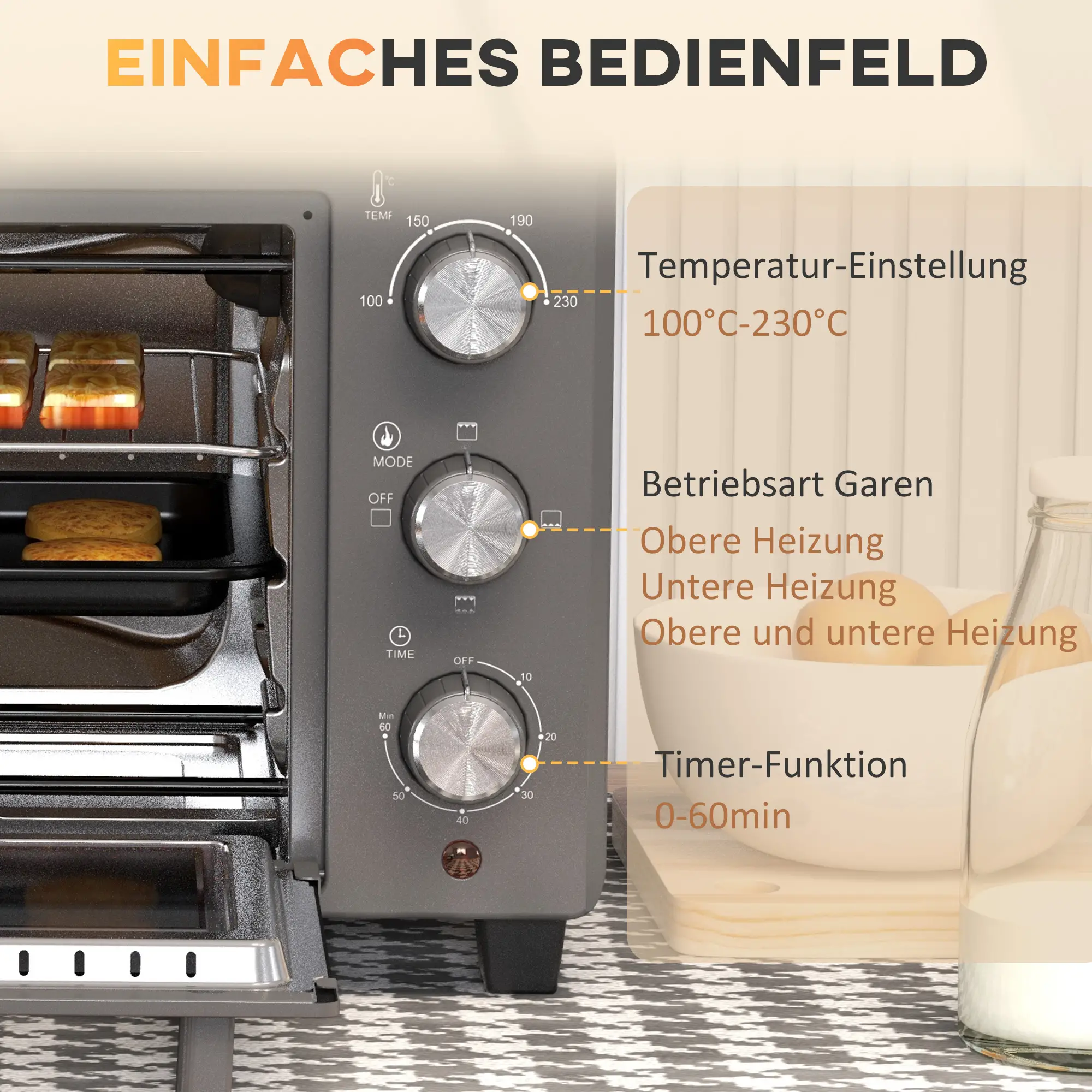 HOMCOM Minibackofen vielseitig kochen präzise Temperaturregelung Edelstahl
