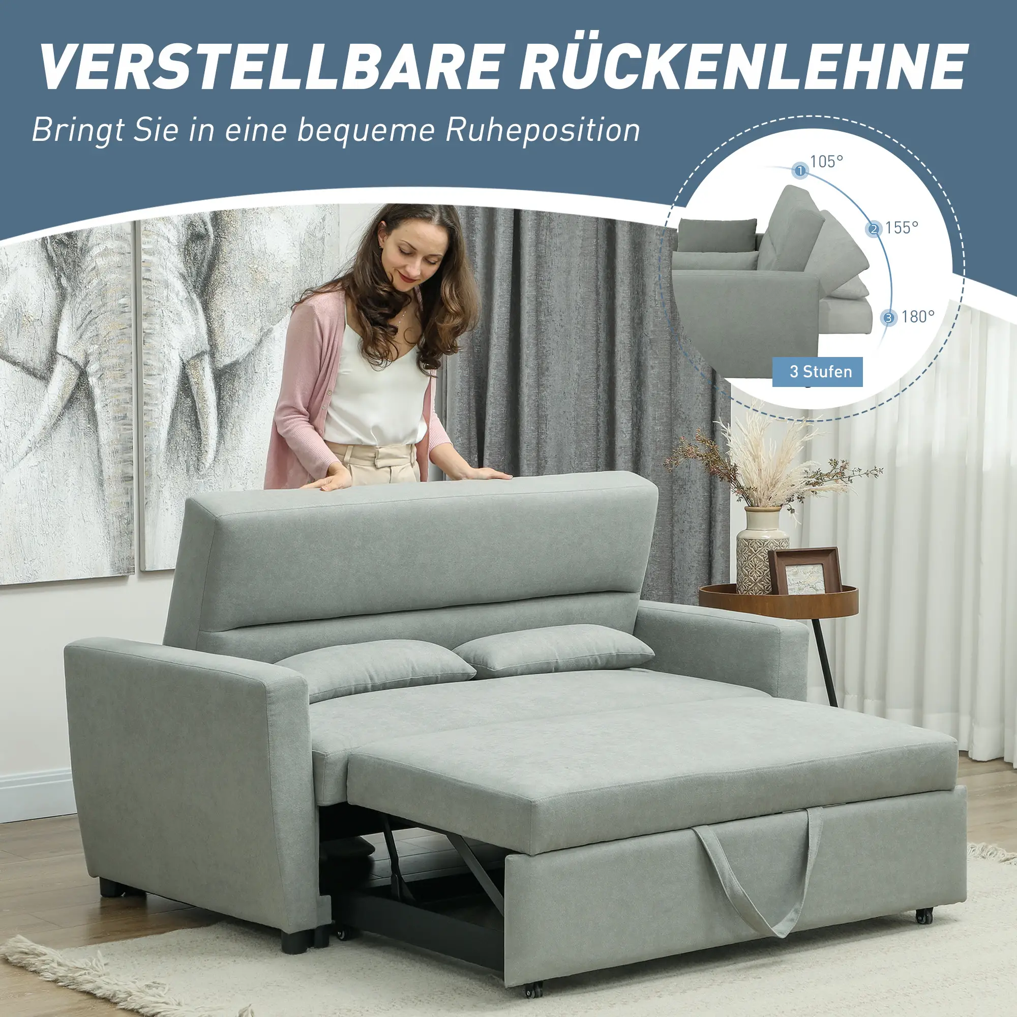 HOMCOM Schlafsofa 2-Sitzer mit Schlaffunktion und Rollen Eukalyptusholz