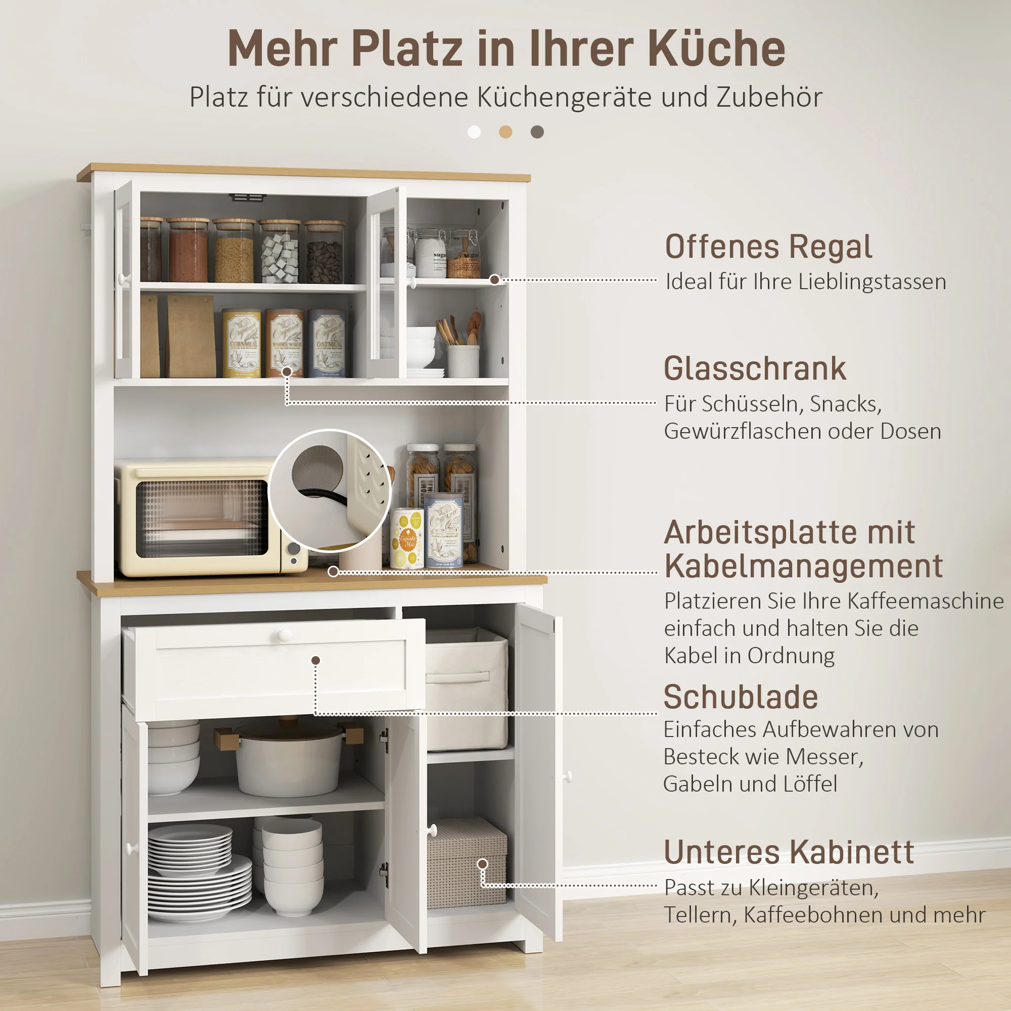 HOMCOM Landhuisstijl Keukenkast, 1 Vitrine, 1 Open Schap, 1 Lade, 2 Kasten, Natuur + Wit