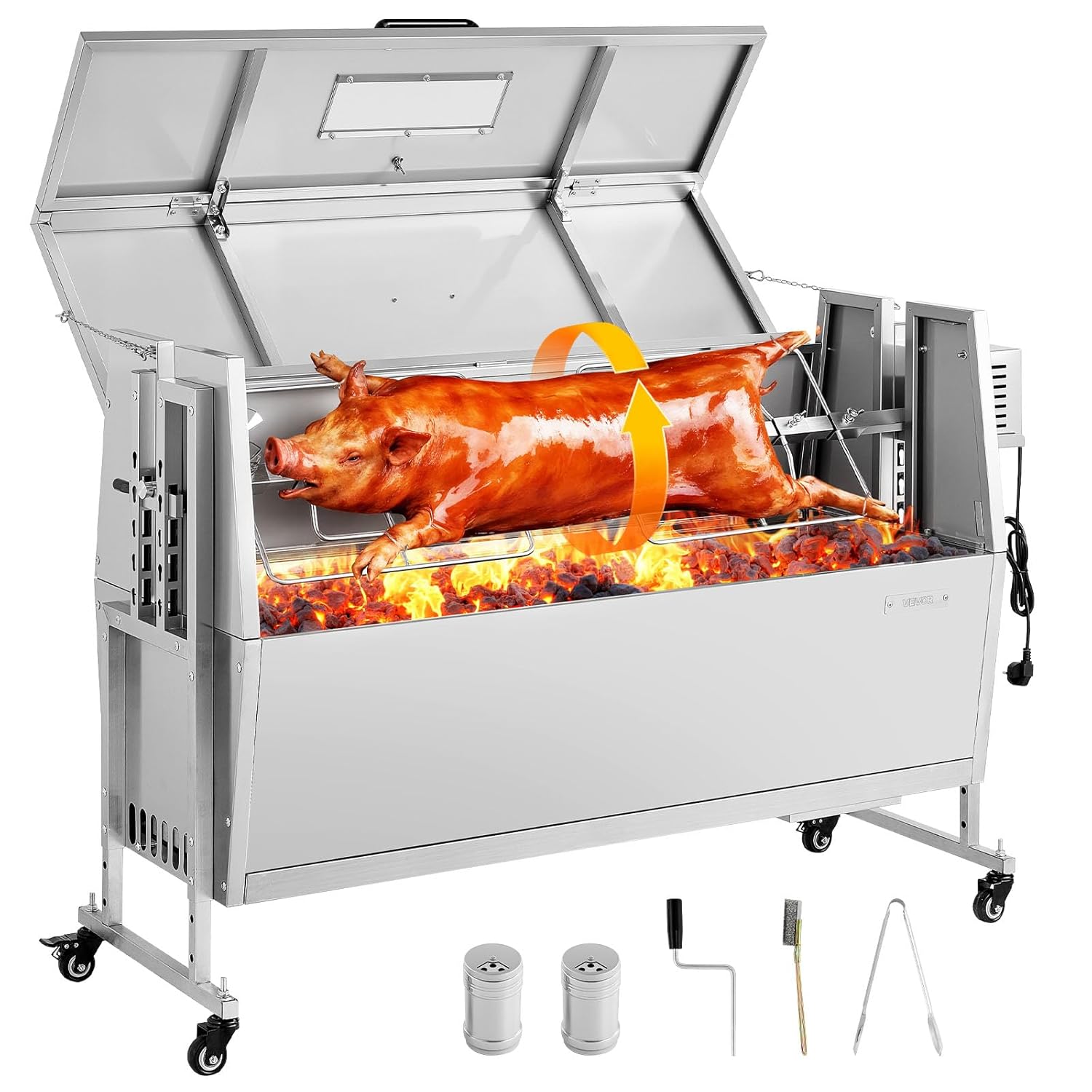 VEVOR Drehspießgrill 38 W Spanferkelgrill Lammgrill Holzkohlegrill (1168,4 mm Grilllänge) mit 60 kg Tragkraft & Rädern & 4-facher Höhenverstellung & Deckel, Edelstahl-Elektrogrill-Set für Camping