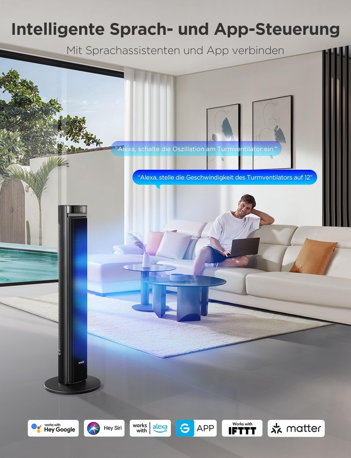 GoveeLife 27 dB leiser Ventilator, 12 Geschwindigkeiten bis zu 8 m/s, 5 Modi, 24-Stunden-Timer, intelligenter Turmventilator mit 150°-Oszillation, APP- und Sprachsteuerung für Zuhause, schwarz