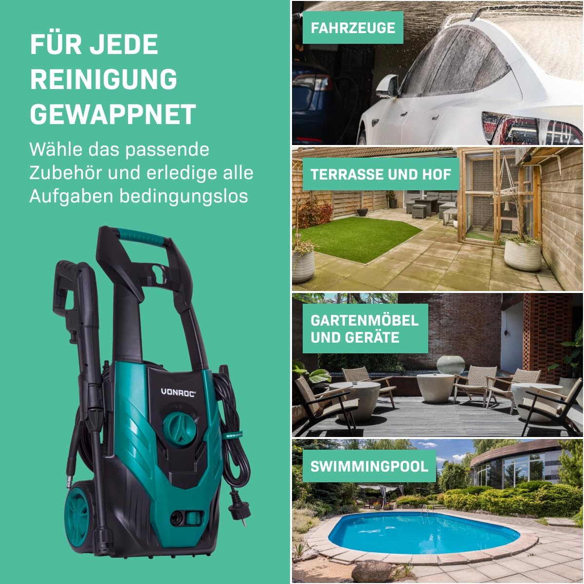 VONROC Profi Hochdruckreiniger 195bar - Fassadenreiniger für schwere Reinigungsarbeiten [2500W] - Hoher Durchfluss [468 l/h] Reinigungstank, Aluminium Pumpe - inkl. Terassenreiniger