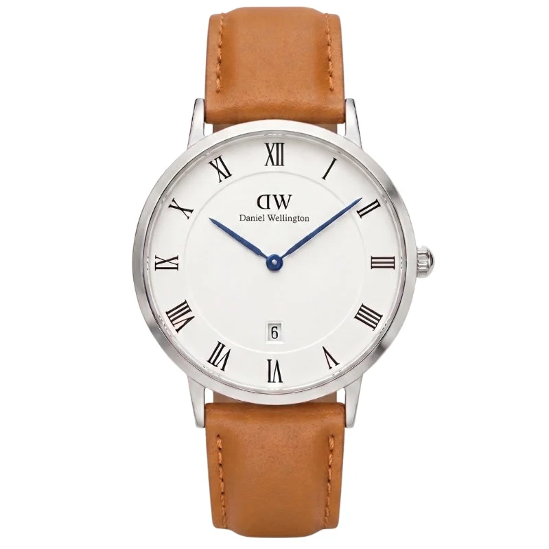 Daniel Wellington Dapper Durham 38mm White Dial Brown Genuine Leather Silver Date Watch - DW00100116