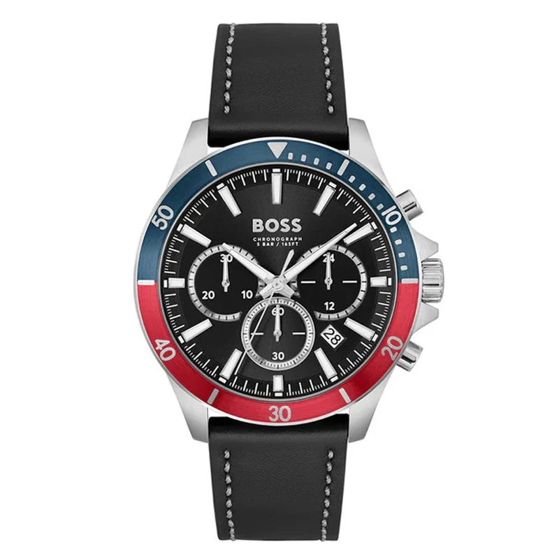 Hugo Boss Troper Chronograph Black Dial Black Leather Strap Watch For Men - 1514099