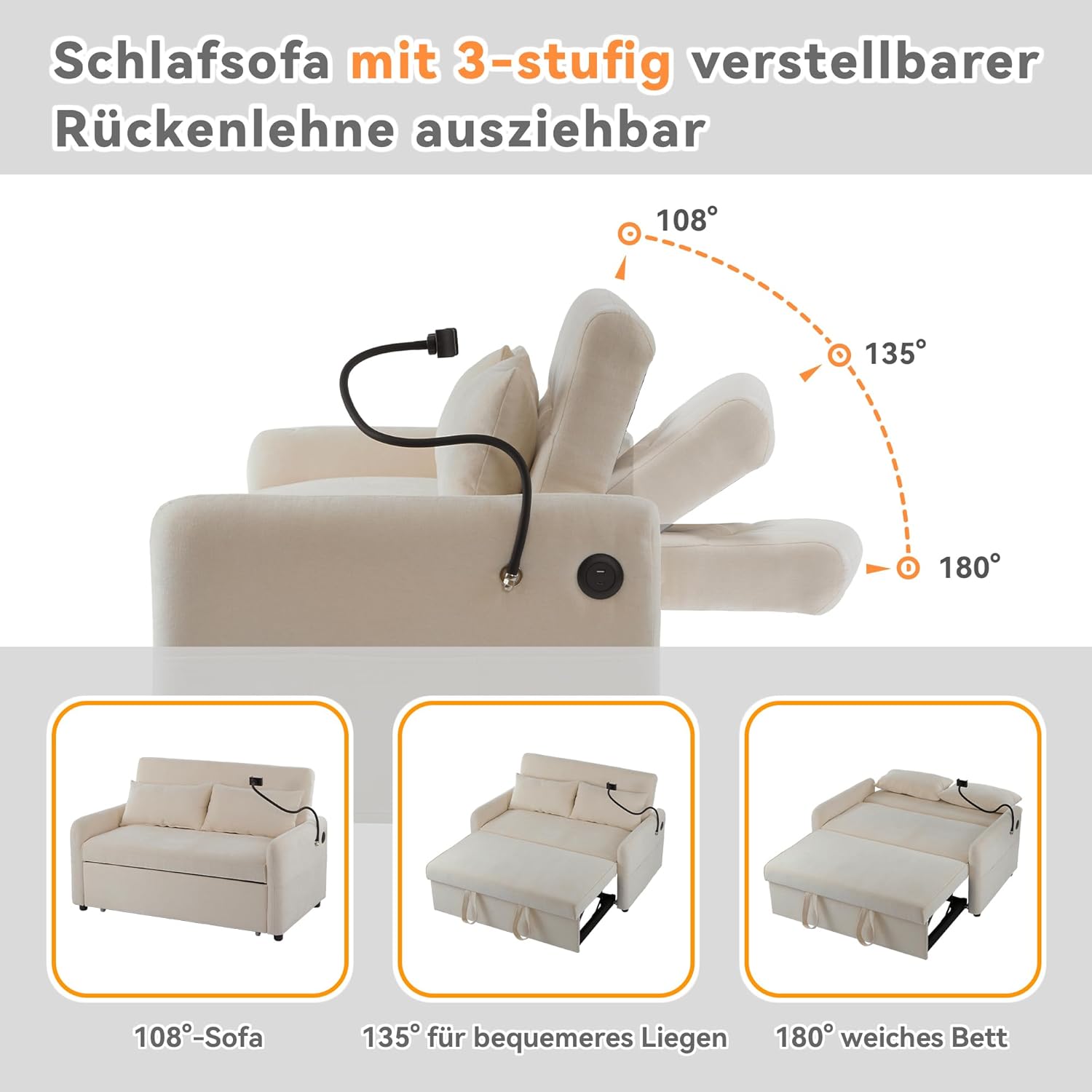 Azkoeesy Sofá cama plegable con función de sueño, sofá de 2 plazas con respaldo ajustable, soporte para teléfono móvil, USB, 2 almohadas, tela de chenilla, para salón, dormitorio, cine en casa (beige)