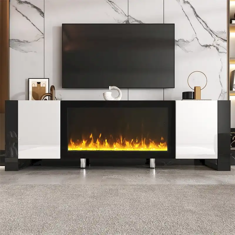 Modern TV Stand with Electric Fireplace and Storage Cabinets