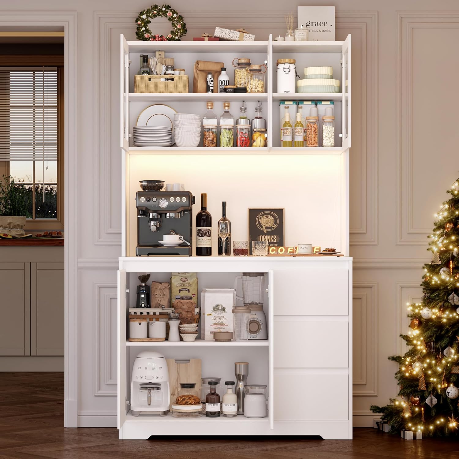 FirFurd Küchenschrank Buffetschrank mit LED Sideboard für Küche mit Steckdosenleiste Küchenschrank mit Arbeitsplatte und 3 Schubladen Küchenbuffet mit Verstellbares Regal 180x100x38.5 cm weiß