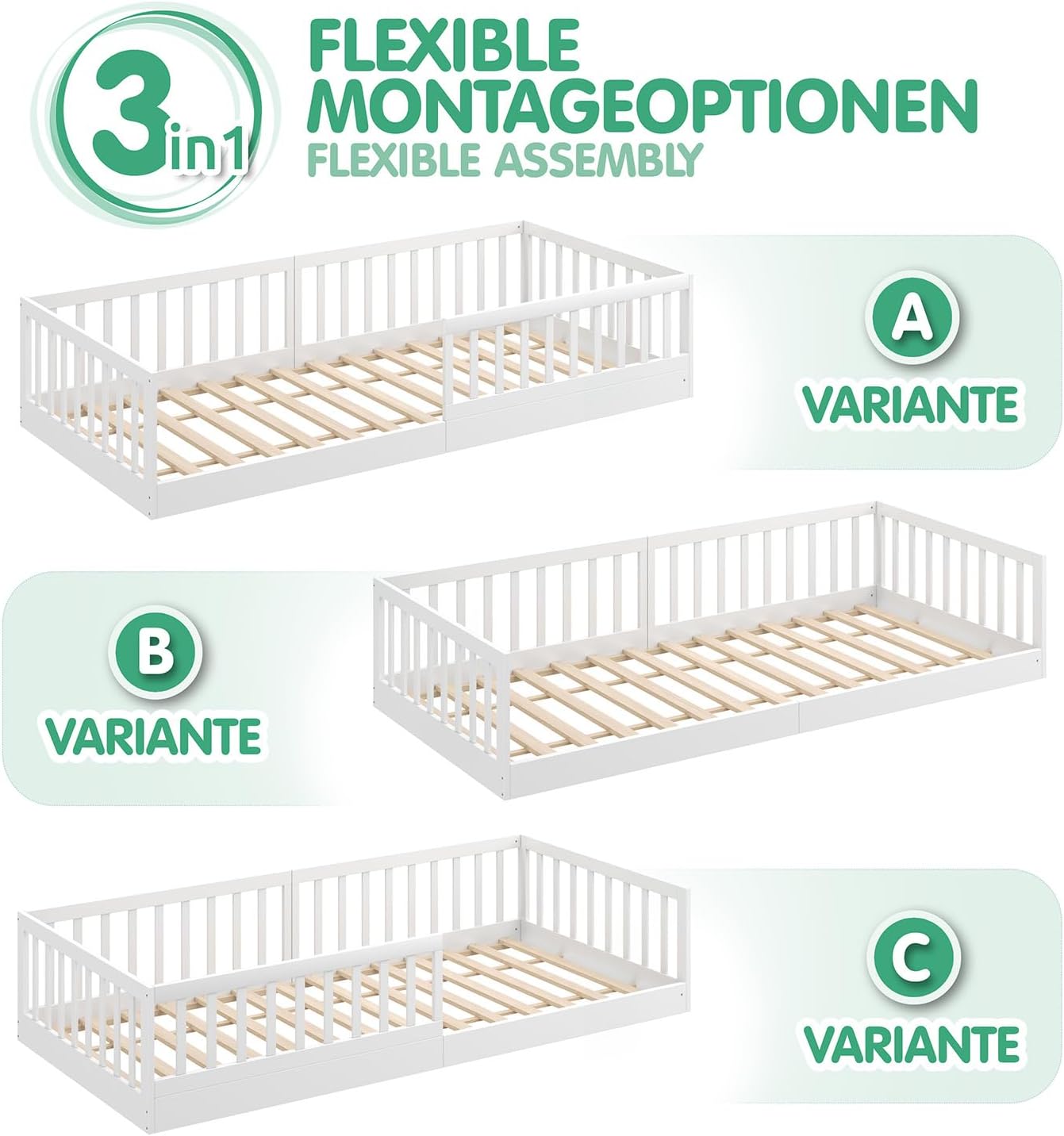 CADANI Timi 2in1 Bodenbett 140x200 cm Montessori Kinderbett mit abnehmbaren Rausfallschutz inkl. Lattenrost, Kiefer Massivholz, weiß - 3 Aufbauvarianten, bis 200 kg belastbar, umbaubar