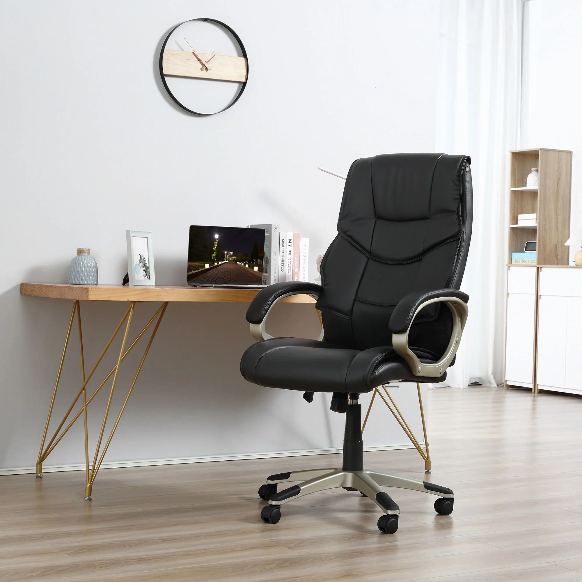 Silla de Oficina con Respaldo Alto, Sillón Giratorio de Cuero Sintético con Altura Ajustable, Negro