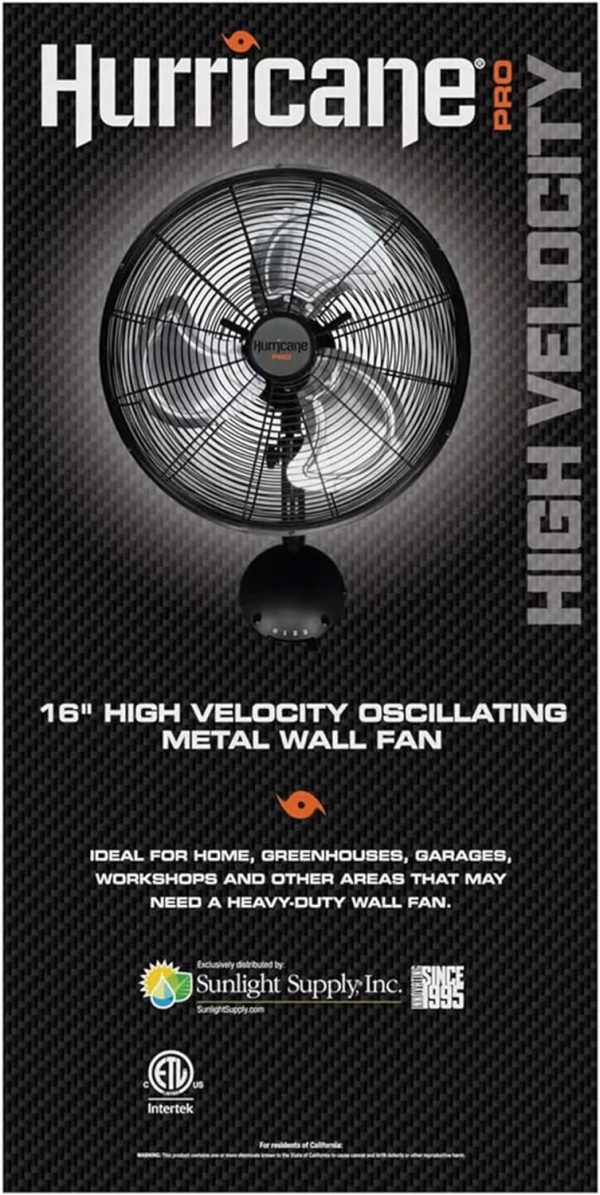 16 Inch Pro High Velocity Corded Electric Classic Oscillating Wall Mount Fan with 3 Speed Settings for Air Circulation, Black