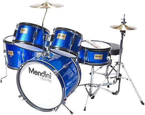 By Drum Set For Kids/Junior –16 Inch, 5 Piece, Blue Metallic –Starter Drums Kit w/Adjustable Throne, Cymbal, Pedal & Drumsticks –MJDS 5 BL